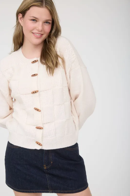 CHECKERED TOGGLE BUTTON DOWN KNIT CARDIGAN sold by Blu Pepper