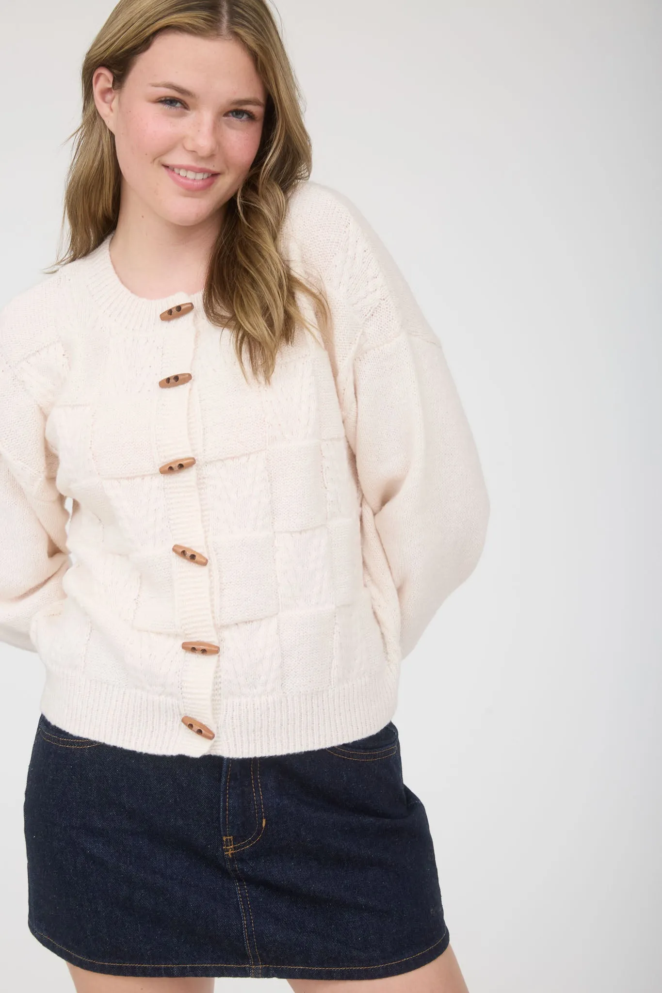 CHECKERED TOGGLE BUTTON DOWN KNIT CARDIGAN sold by Blu Pepper