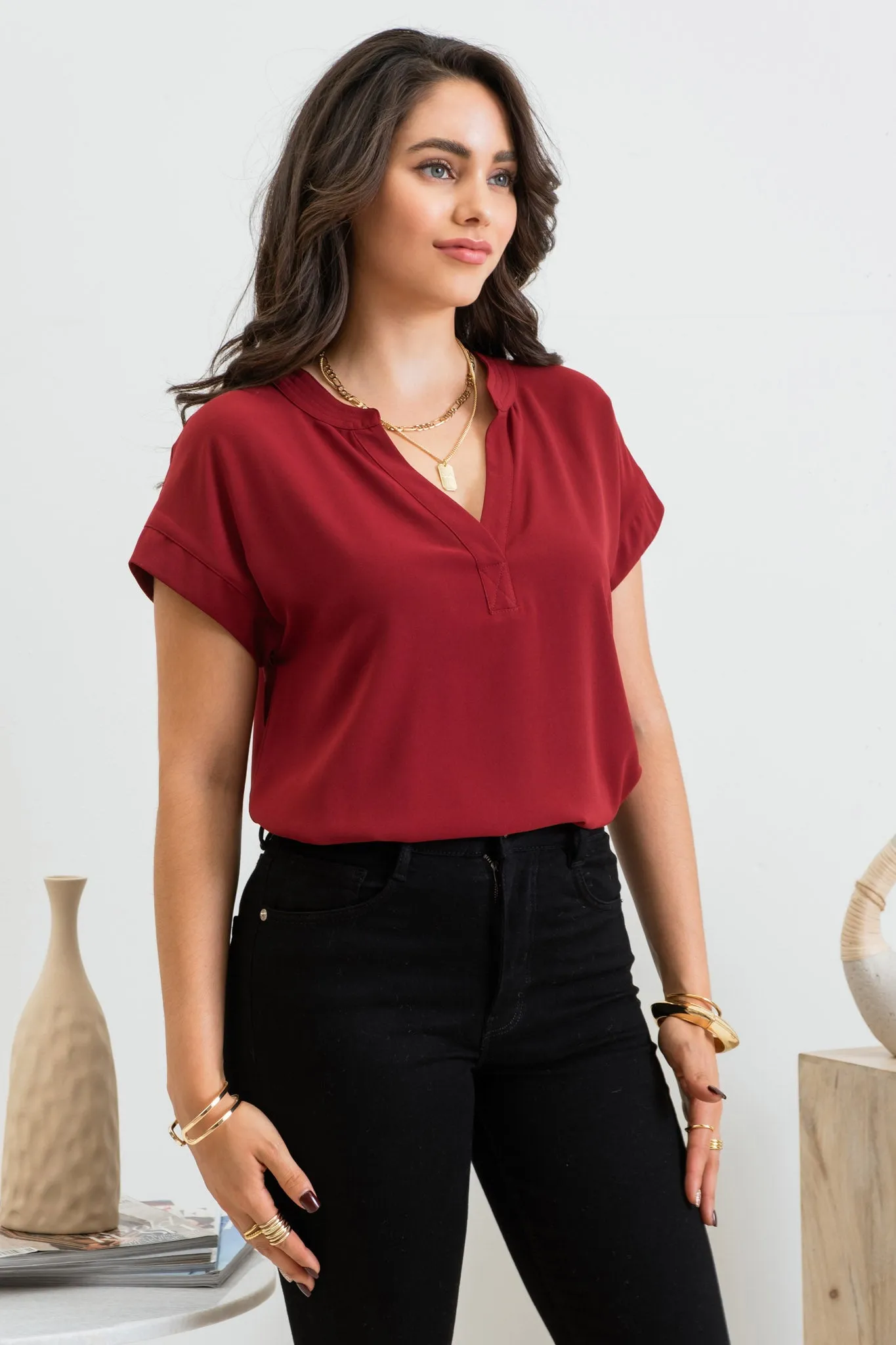 PLUS SOLID SPLIT NECK EXTENDED SHOULDER WOVEN TOP sold by Blu Pepper product image thumbnail 5