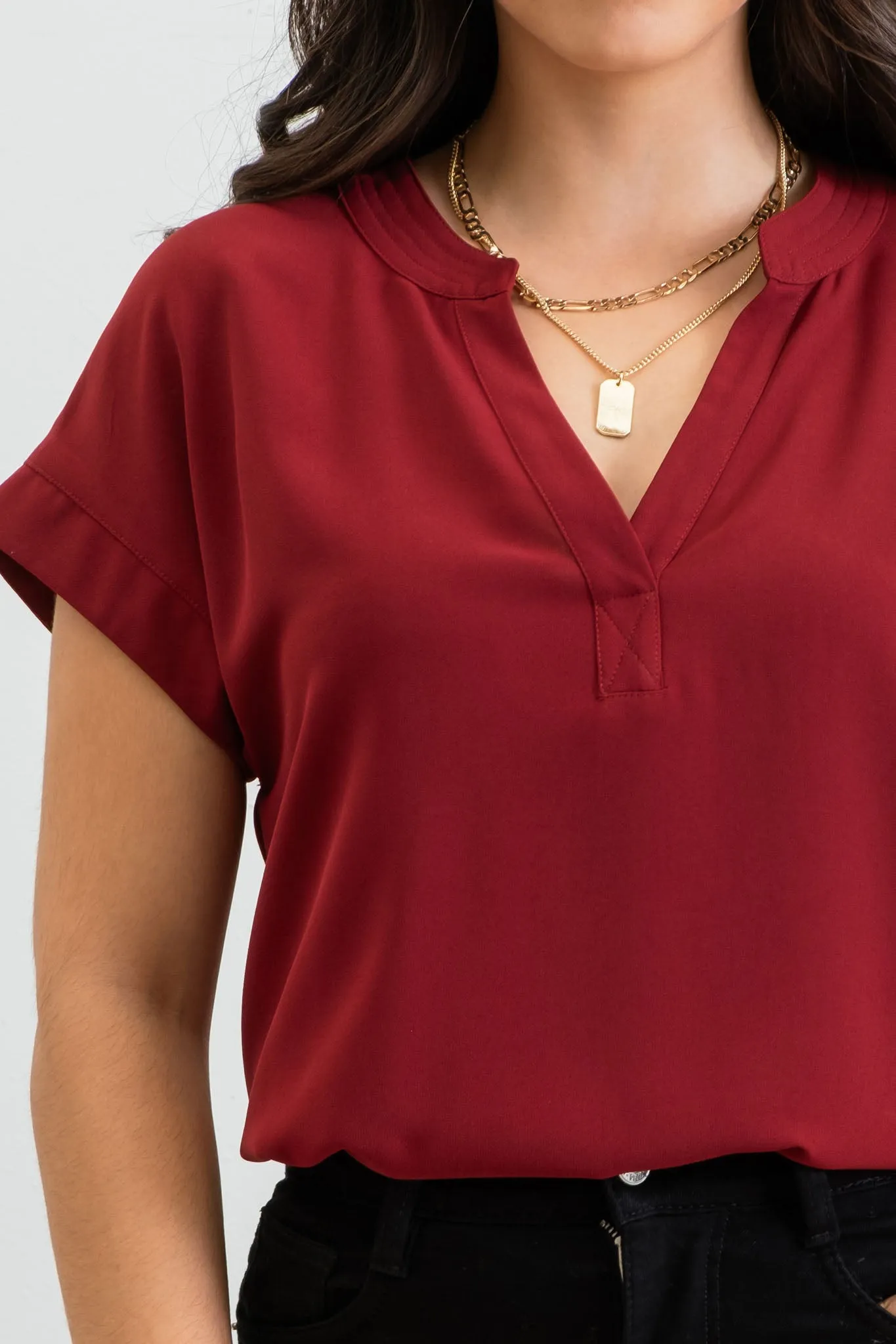 PLUS SOLID SPLIT NECK EXTENDED SHOULDER WOVEN TOP sold by Blu Pepper product image thumbnail 4