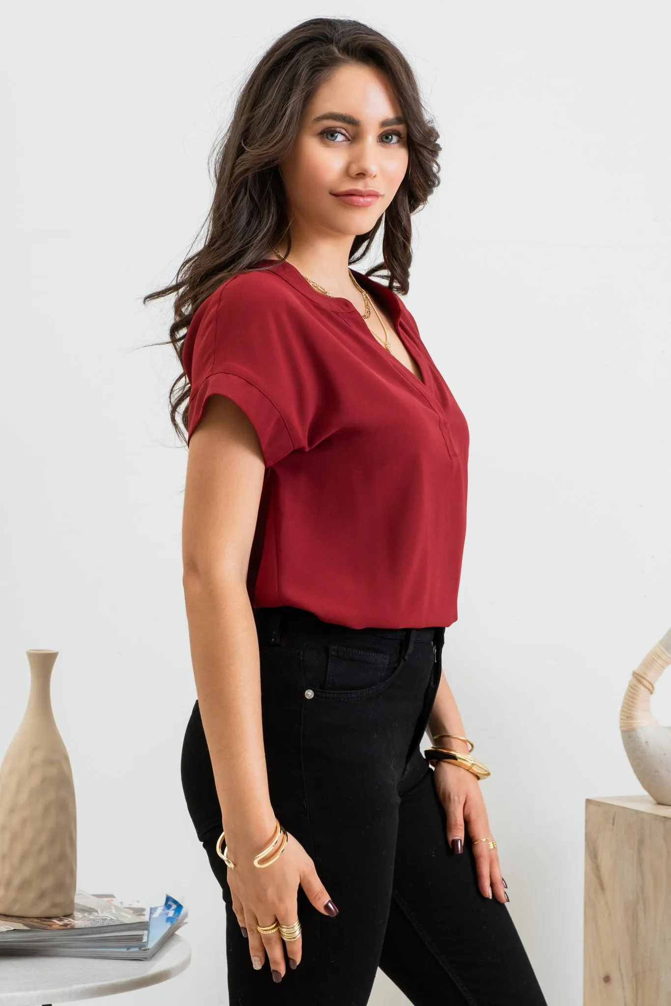 PLUS SOLID SPLIT NECK EXTENDED SHOULDER WOVEN TOP sold by Blu Pepper product image thumbnail 3