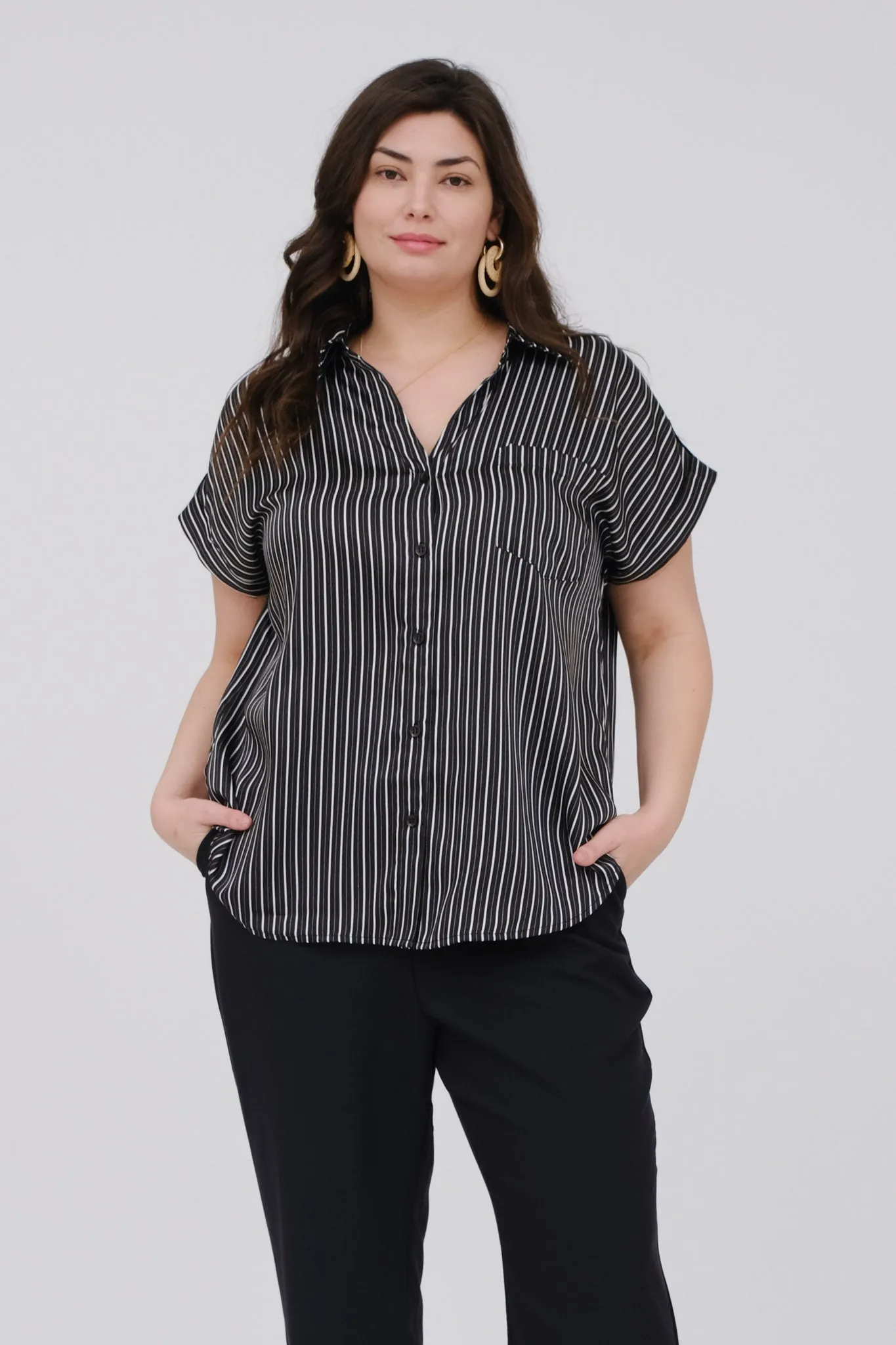 PLUS STRIPE SHORT SLEEVE COLLARED BUTTON DOWN TOP sold by Blu Pepper product image thumbnail 2