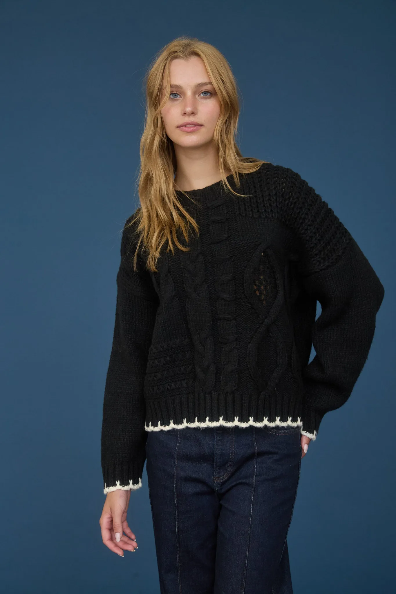 CABLE KNIT PATTERN CONTRAST STITCH DETAIL SWEATER sold by Blu Pepper product image thumbnail 4