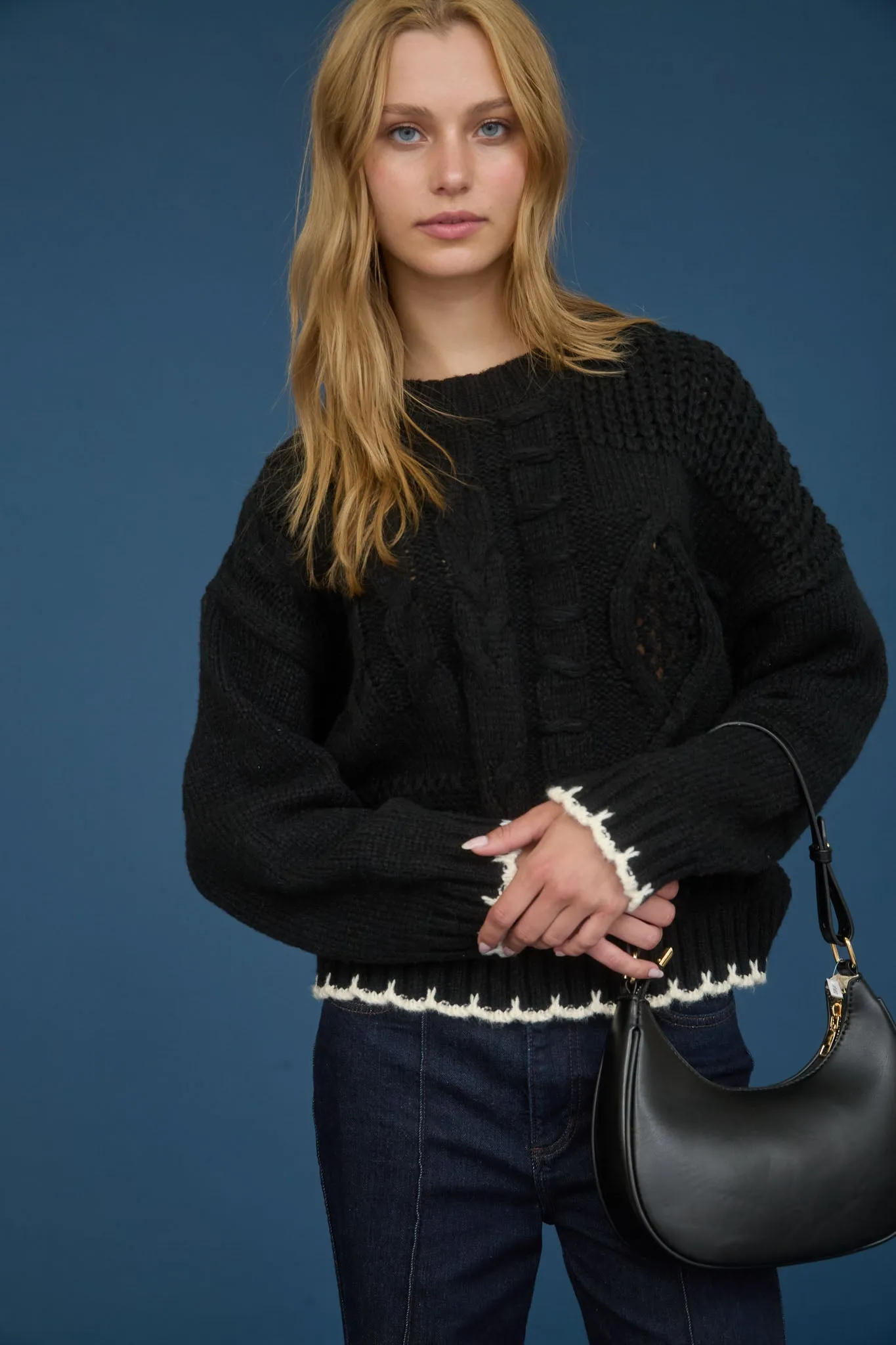 CABLE KNIT PATTERN CONTRAST STITCH DETAIL SWEATER sold by Blu Pepper product image thumbnail 5
