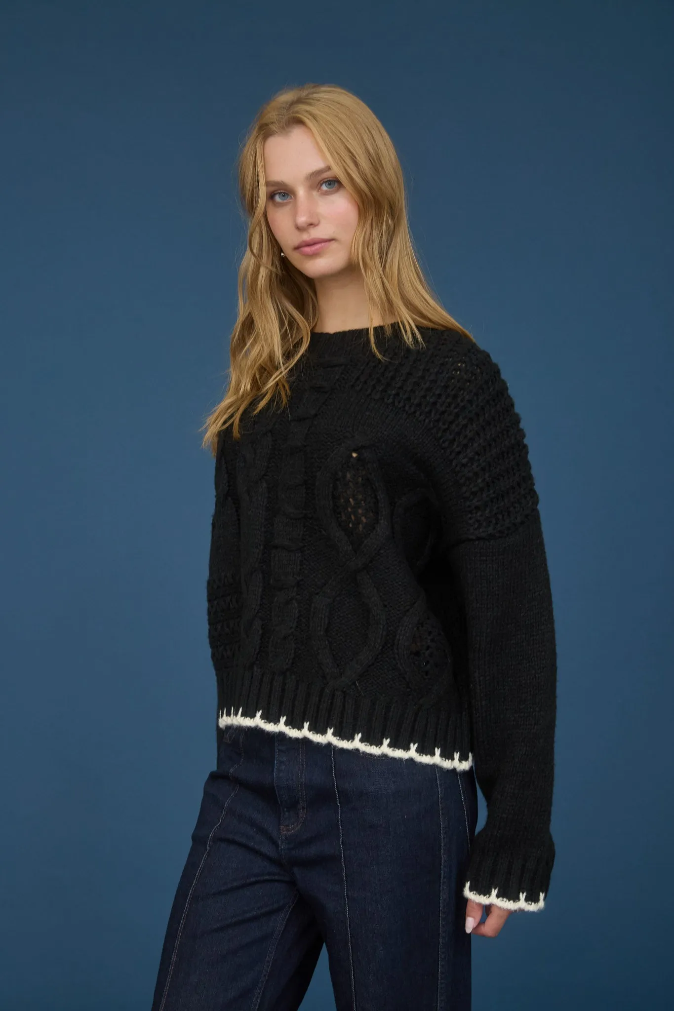 CABLE KNIT PATTERN CONTRAST STITCH DETAIL SWEATER sold by Blu Pepper product image thumbnail 3