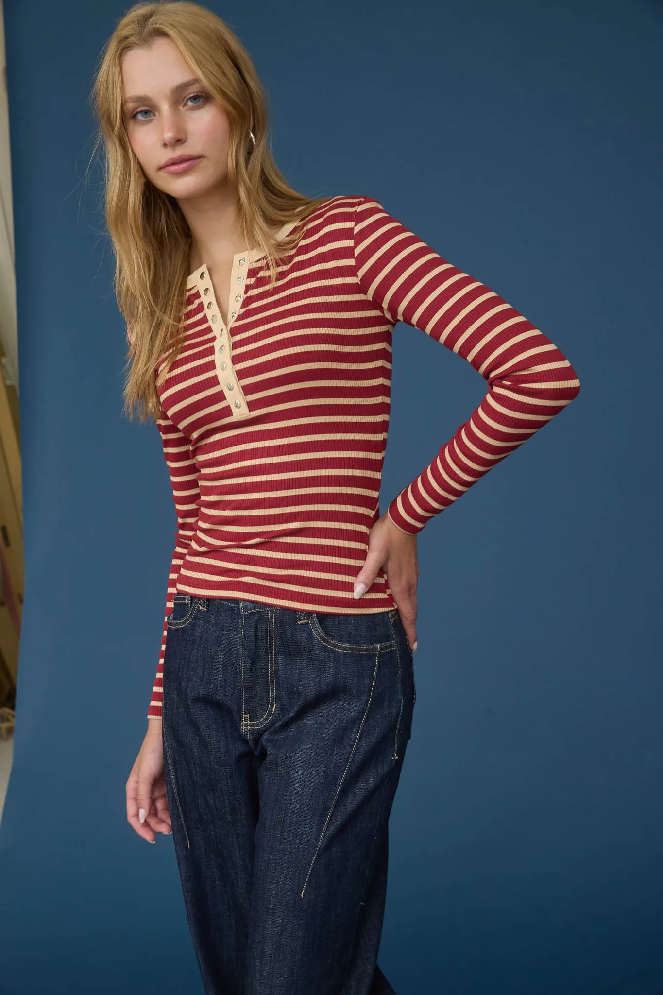 STRIPE SNAP BUTTON HENLEY RIB KNIT TOP sold by Blu Pepper product image thumbnail 4