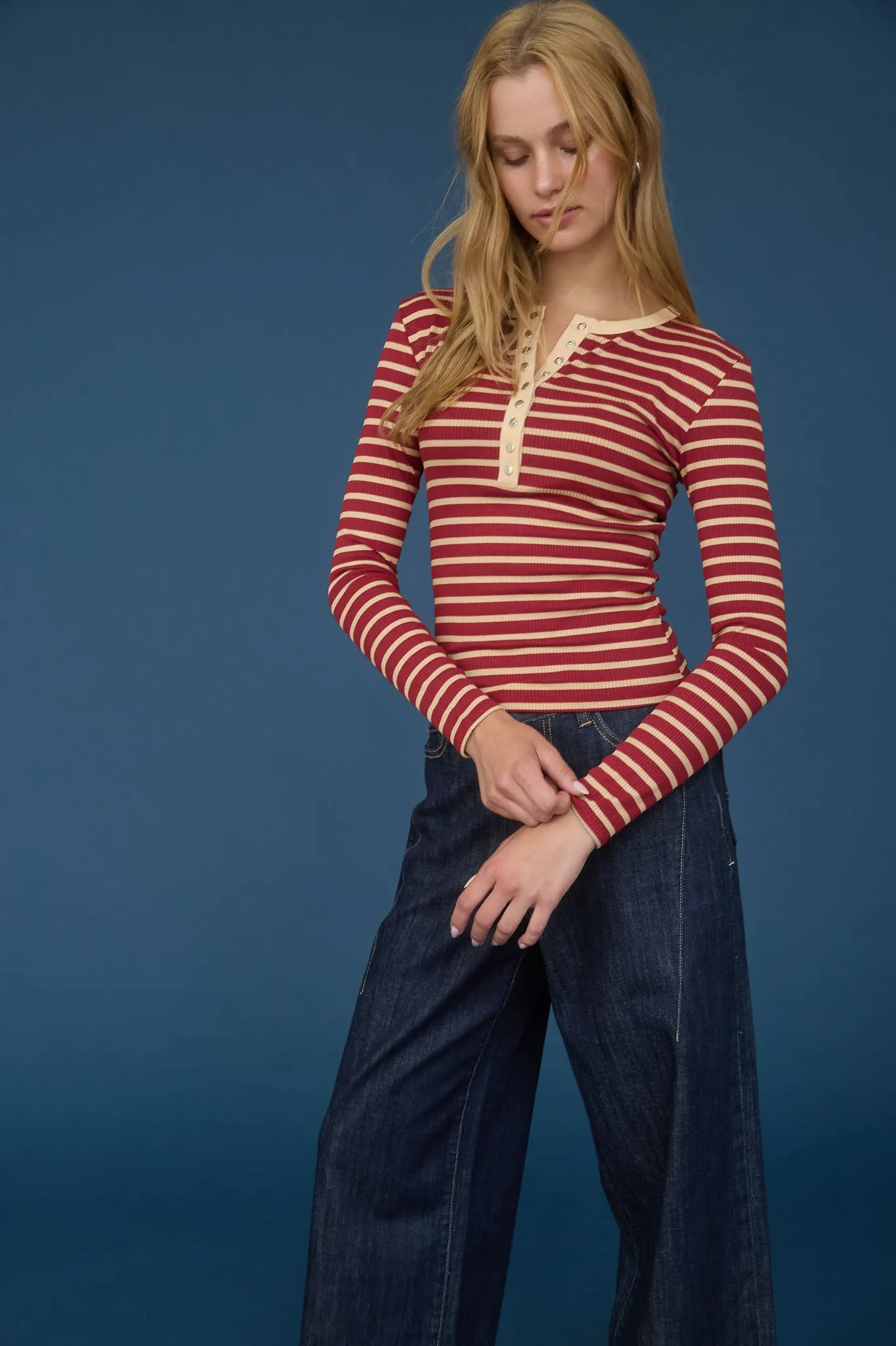 STRIPE SNAP BUTTON HENLEY RIB KNIT TOP sold by Blu Pepper product image thumbnail 5