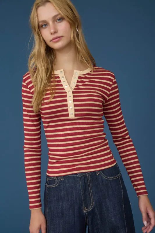 STRIPE SNAP BUTTON HENLEY RIB KNIT TOP sold by Blu Pepper