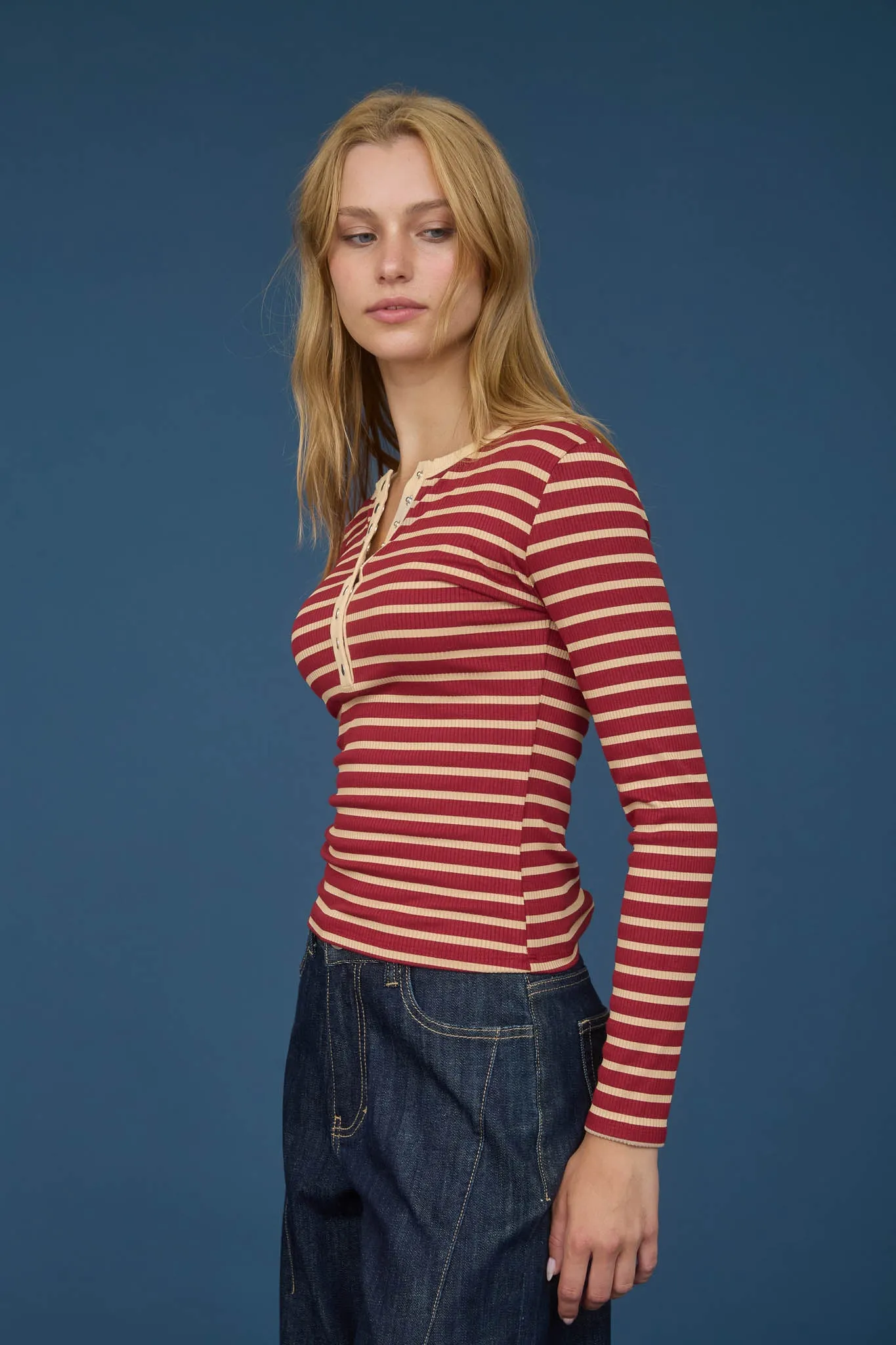 STRIPE SNAP BUTTON HENLEY RIB KNIT TOP sold by Blu Pepper product image thumbnail 3