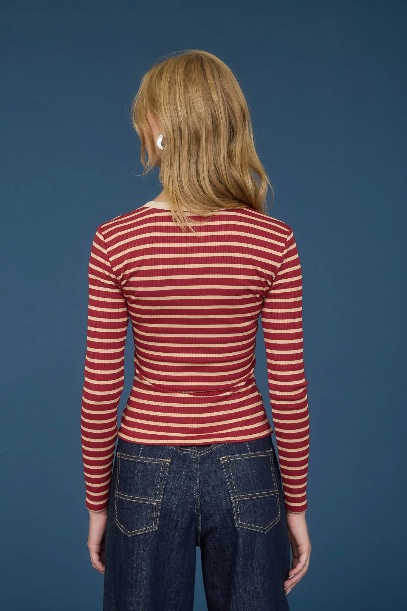 STRIPE SNAP BUTTON HENLEY RIB KNIT TOP sold by Blu Pepper product image thumbnail 2