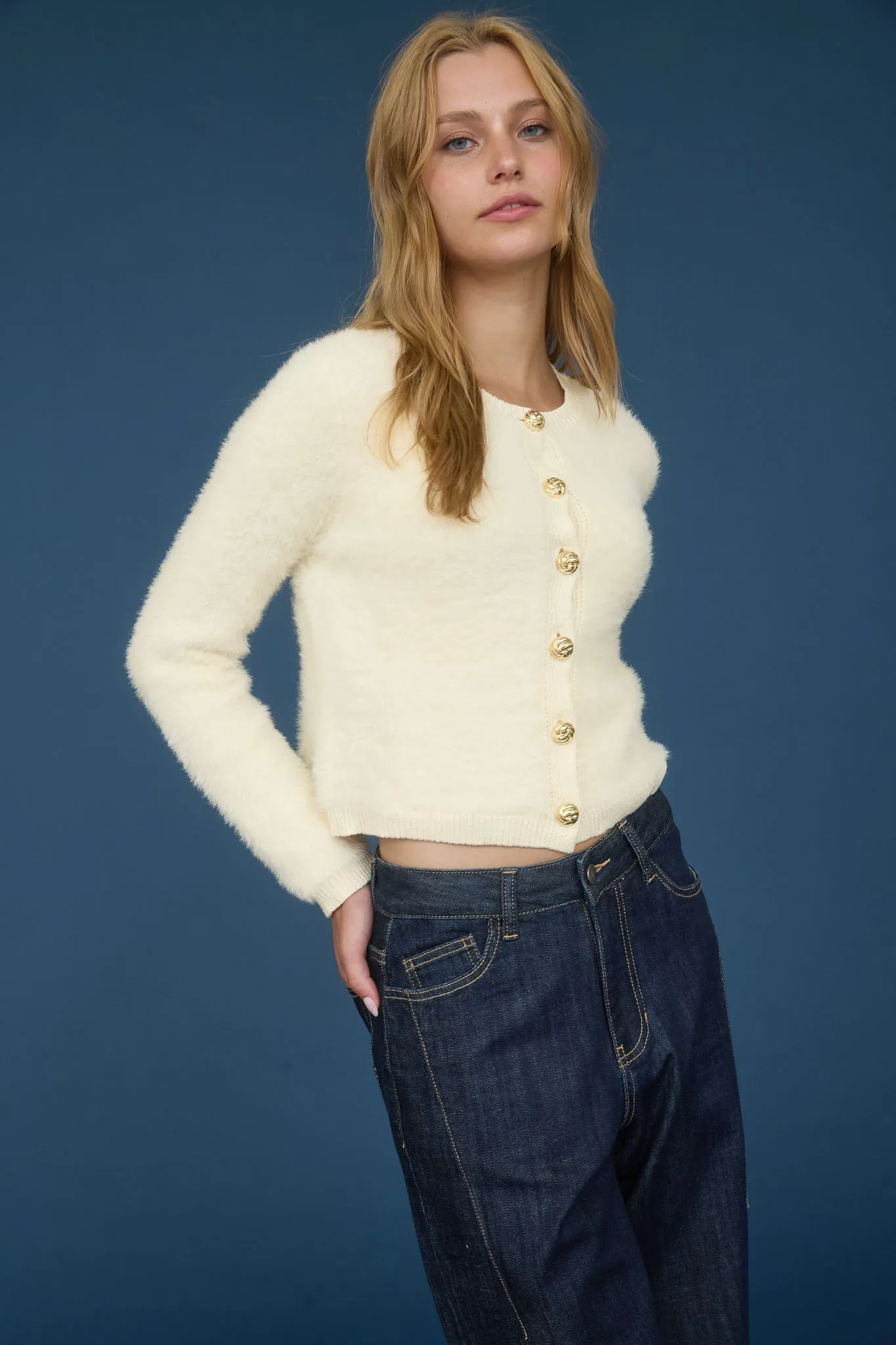 GOLD BUTTON DOWN FUZZY KNIT CARDIGAN (PRE-ORDER) sold by Blu Pepper product image thumbnail 5