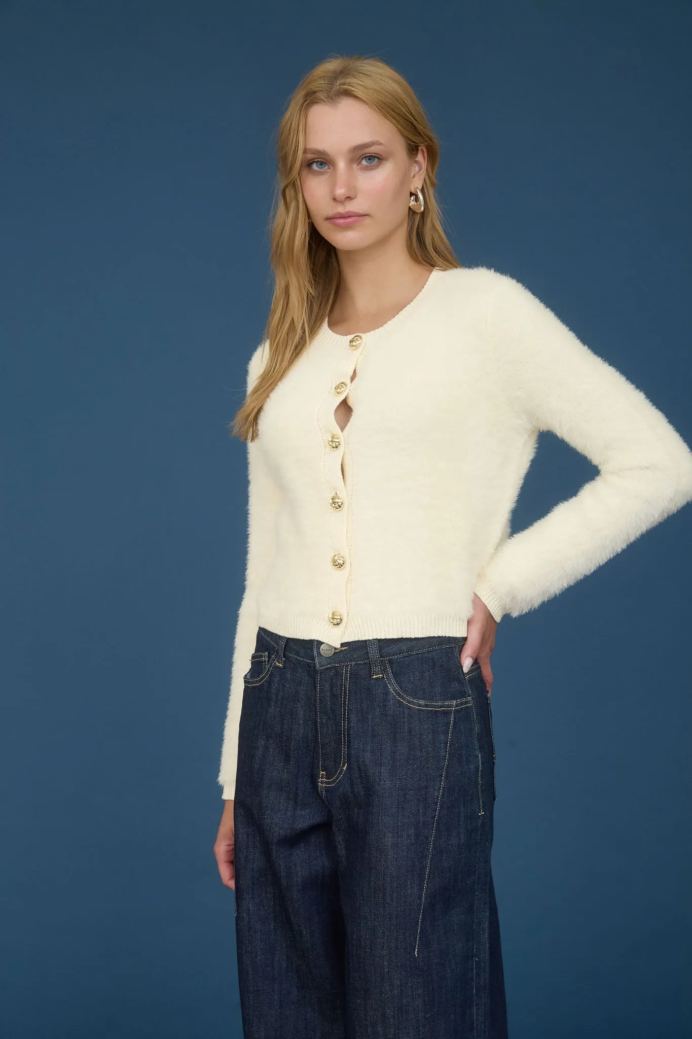 GOLD BUTTON DOWN FUZZY KNIT CARDIGAN (PRE-ORDER) sold by Blu Pepper product image thumbnail 4