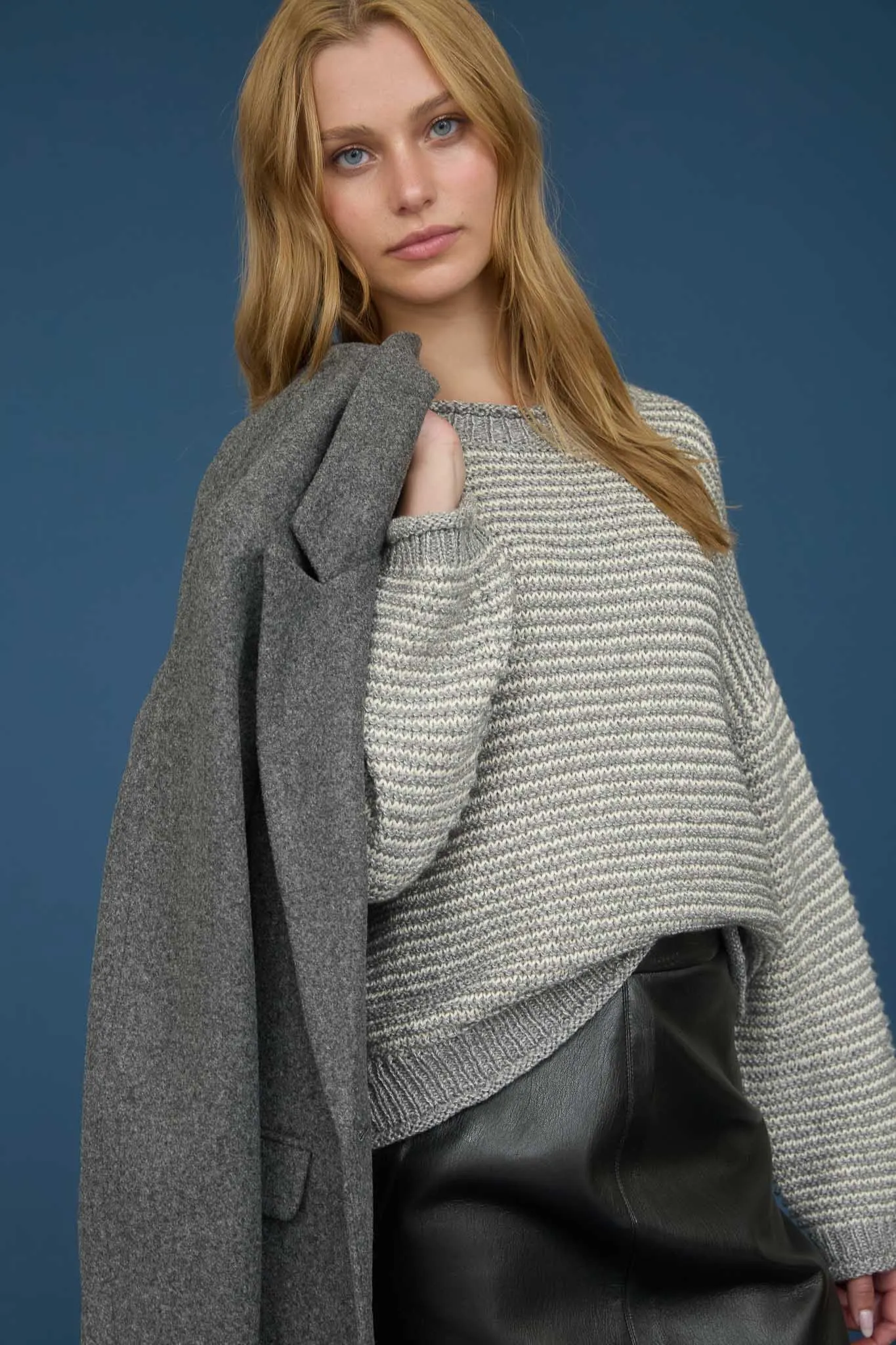 STRIPE RAW EDGE DETAIL LONG SLEEVE KNIT SWEATER sold by Blu Pepper