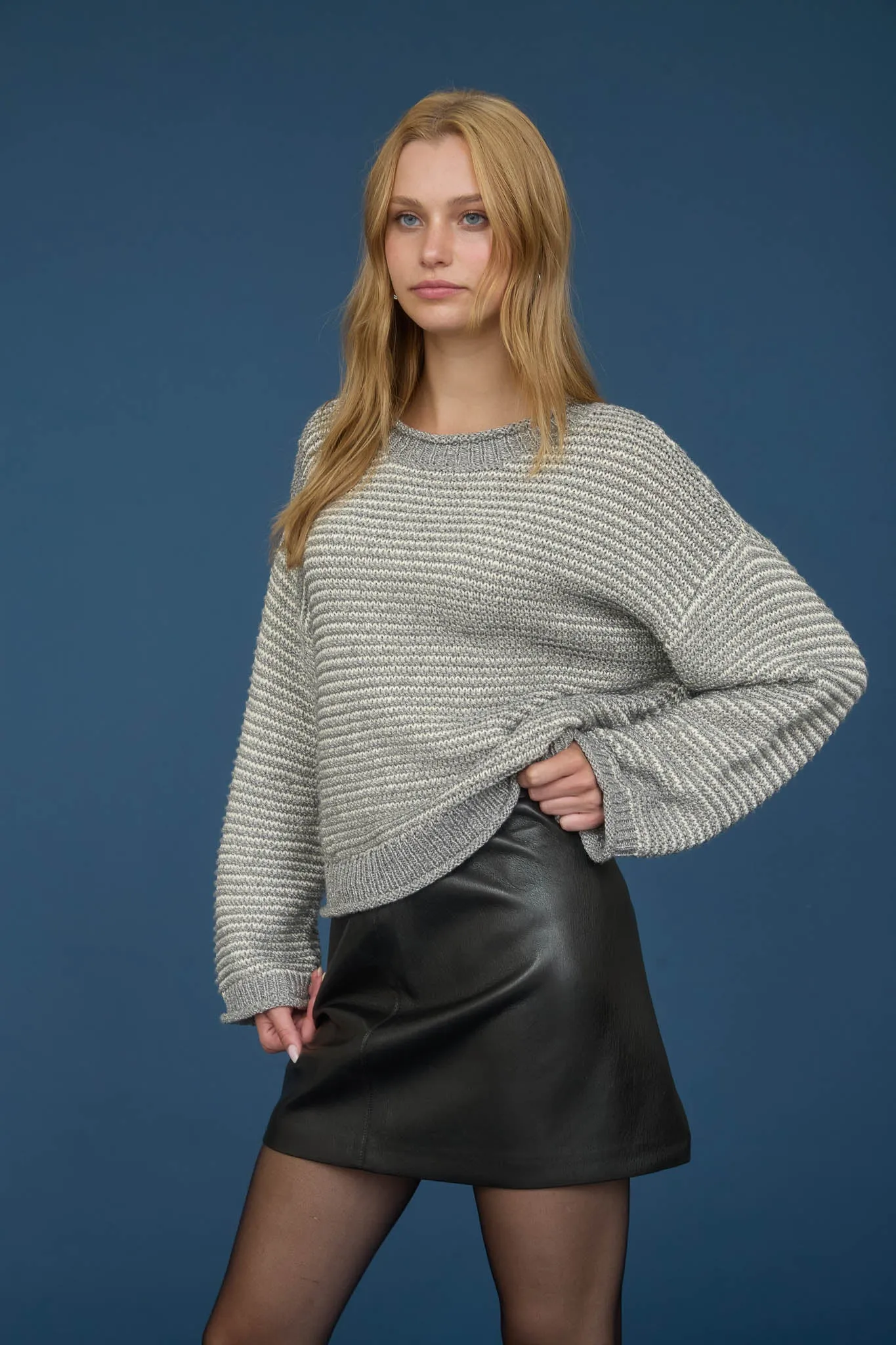 STRIPE RAW EDGE DETAIL LONG SLEEVE KNIT SWEATER sold by Blu Pepper product image thumbnail 5