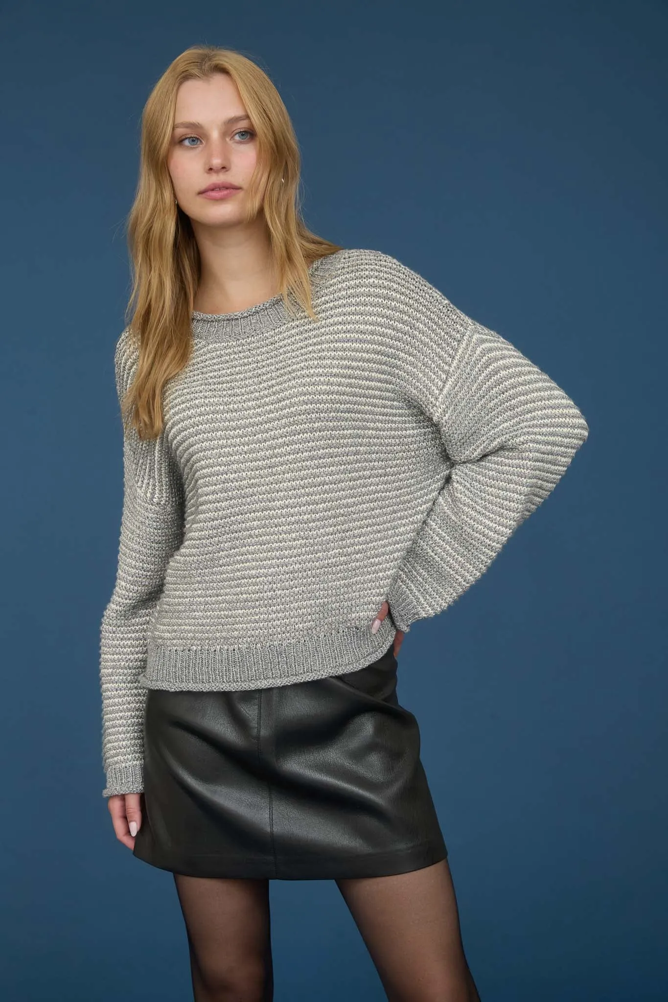 STRIPE RAW EDGE DETAIL LONG SLEEVE KNIT SWEATER sold by Blu Pepper product image thumbnail 4
