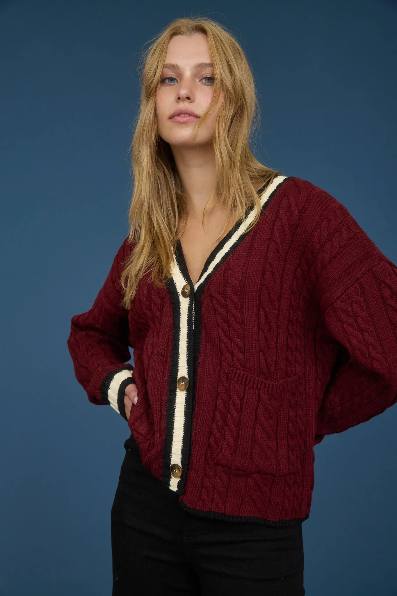 CONTRAST STRIPE TRIM CABLE KNIT BOYFRIEND CARDIGAN sold by Blu Pepper product image thumbnail 4