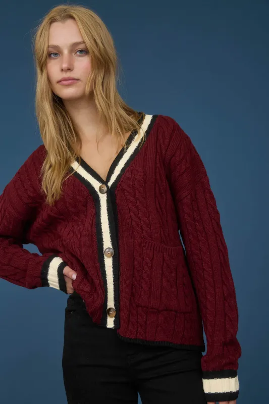 CONTRAST STRIPE TRIM CABLE KNIT BOYFRIEND CARDIGAN sold by Blu Pepper