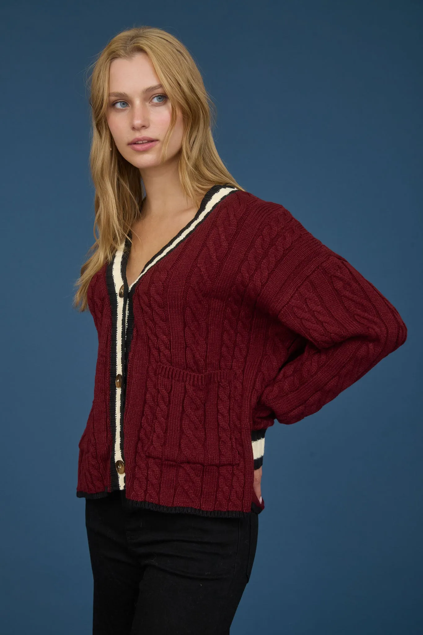 CONTRAST STRIPE TRIM CABLE KNIT BOYFRIEND CARDIGAN sold by Blu Pepper product image thumbnail 3