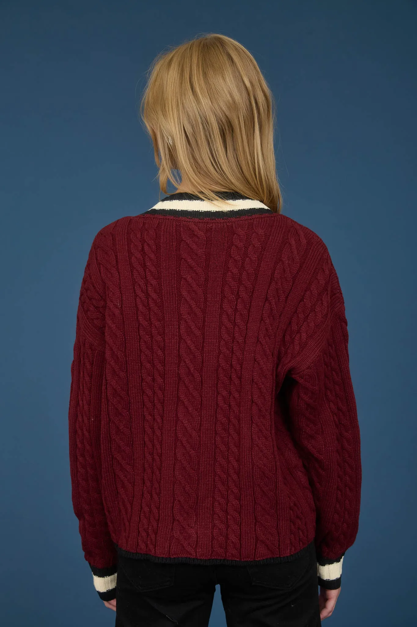 CONTRAST STRIPE TRIM CABLE KNIT BOYFRIEND CARDIGAN sold by Blu Pepper product image thumbnail 2