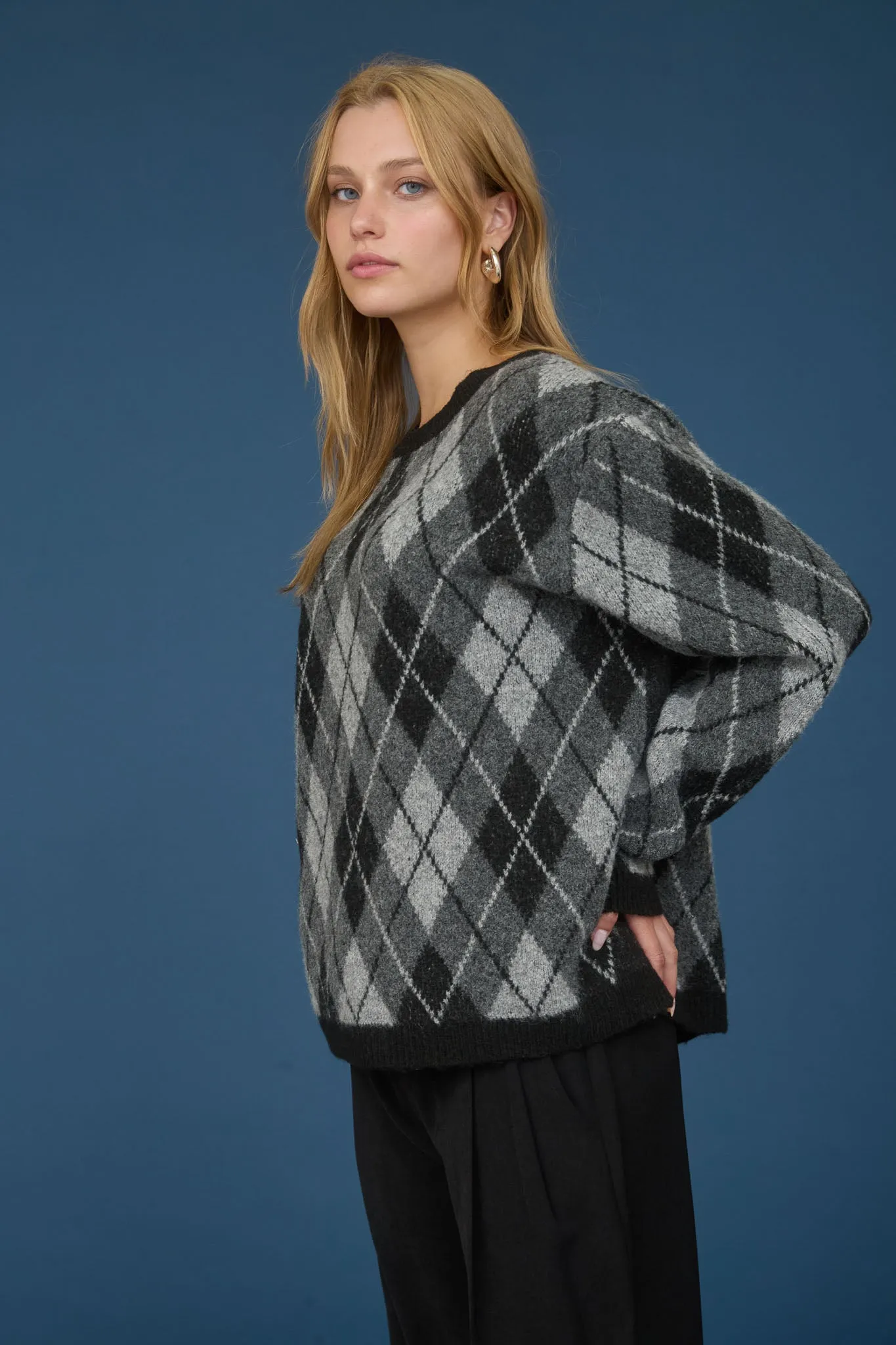 ARGYLE PATTERN CREW NECK LONG SLEEVE KNIT SWEATER sold by Blu Pepper product image thumbnail 3