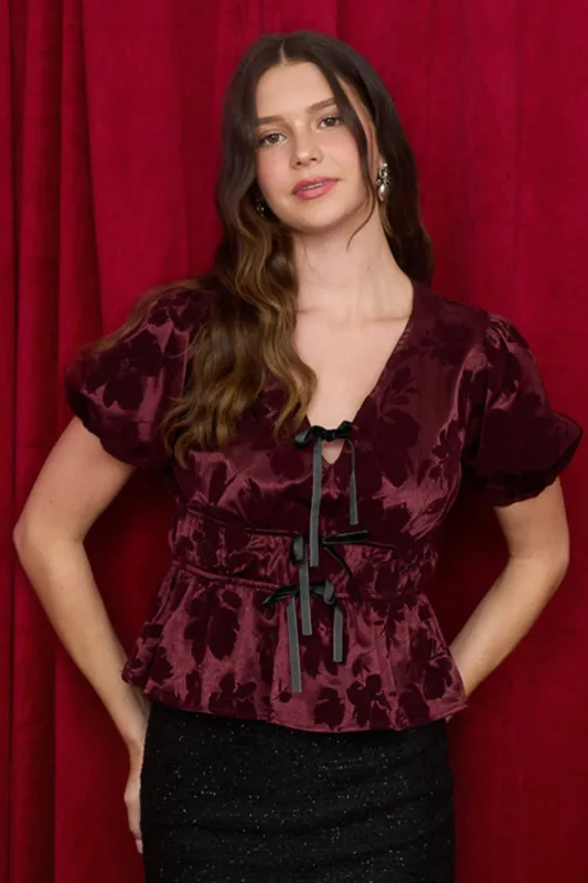 SATIN VELVET FLORAL FRONT TIE PUFF SLEEVE BLOUSE sold by Blu Pepper