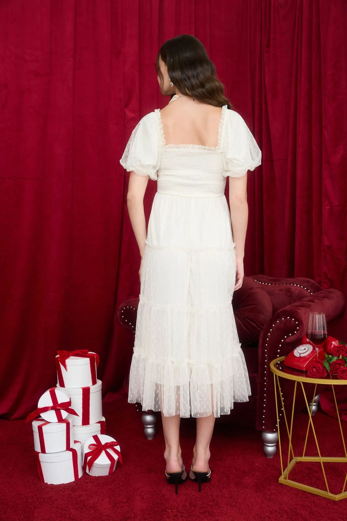 POLKA DOT TULLE PUFF SLEEVE SMOCKED TIERED MIDI DRESS (PRE-ORDER) sold by Blu Pepper product image thumbnail 2