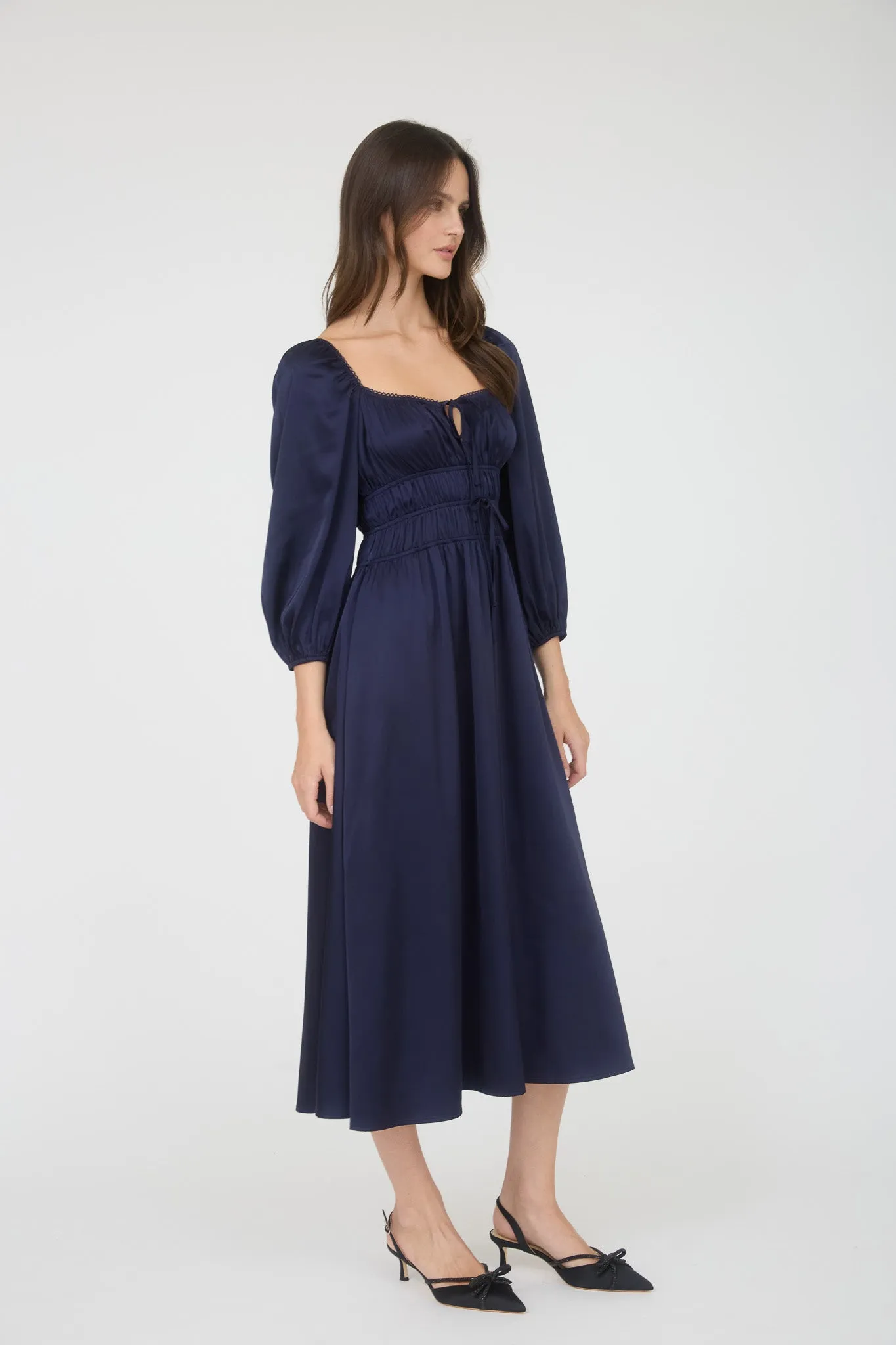 SATIN LONG SLEEVE SHIRRED WAIST MAXI DRESS sold by Blu Pepper product image thumbnail 3