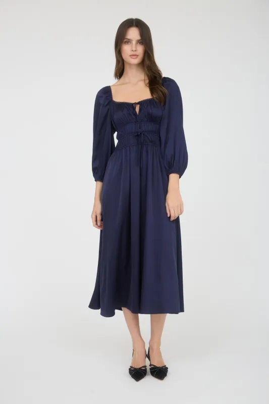 SATIN LONG SLEEVE SHIRRED WAIST MAXI DRESS sold by Blu Pepper