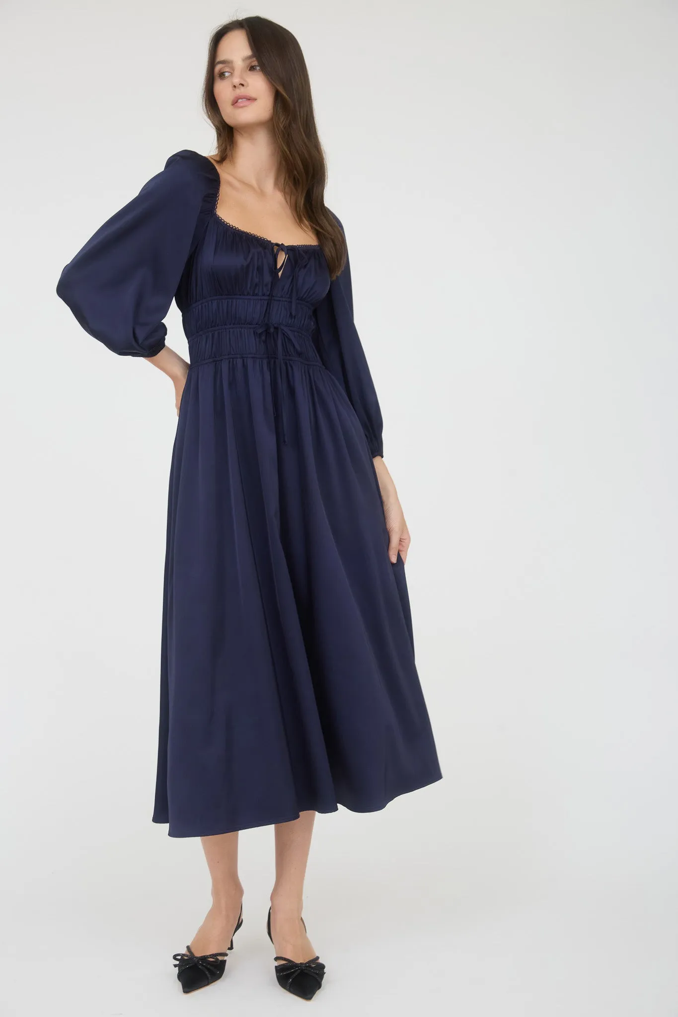 SATIN LONG SLEEVE SHIRRED WAIST MAXI DRESS sold by Blu Pepper product image thumbnail 4