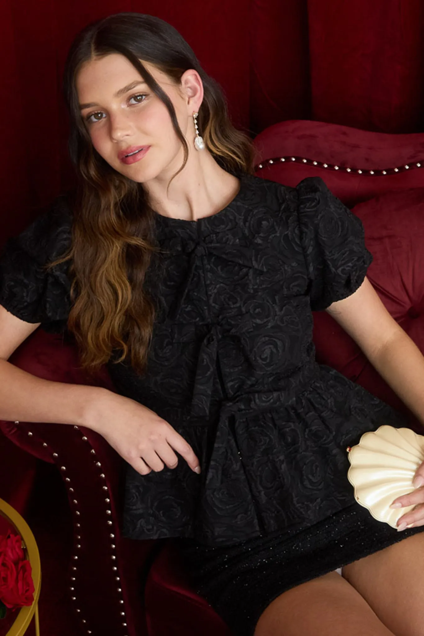 ROSE JACQUARD PUFF SLEEVE FRONT BOW TIE DETAIL TOP sold by Blu Pepper