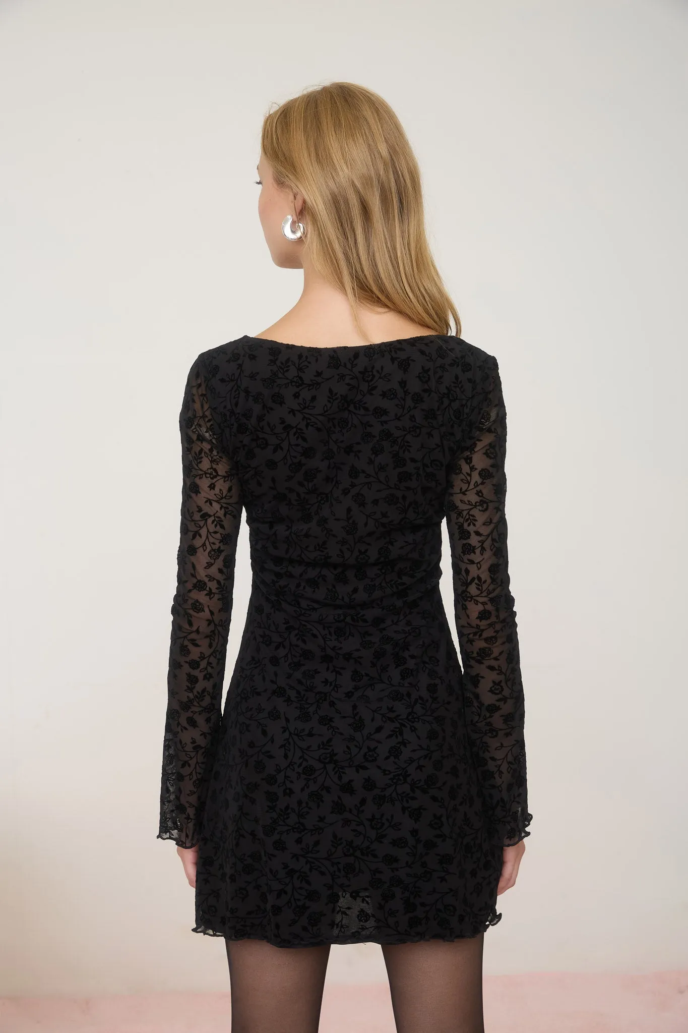 VELVET FLORAL PRINT LONG SHEER SLEEVE MINI DRESS (PRE-ORDER) sold by Blu Pepper product image thumbnail 2