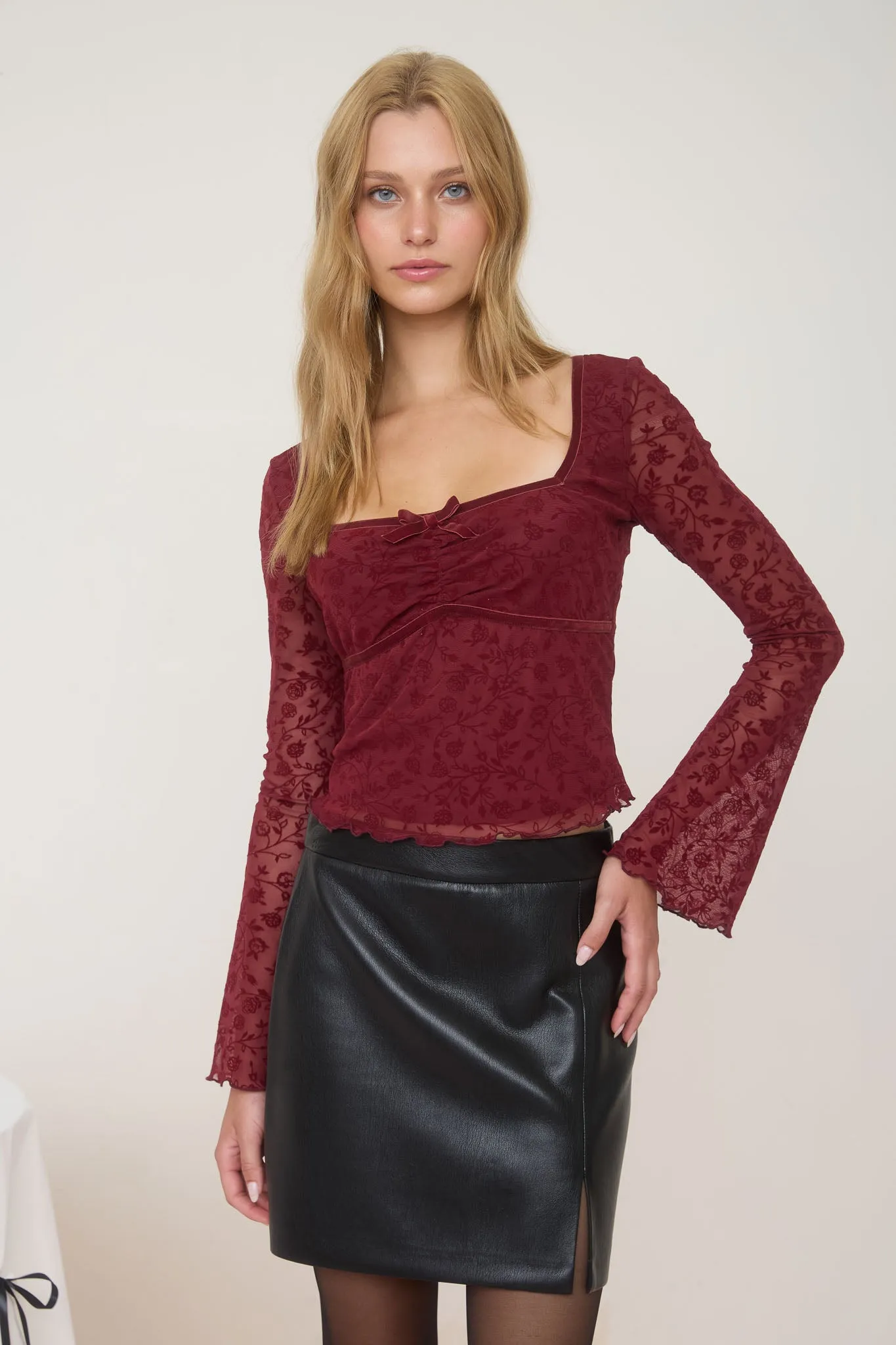 VELVET FLORAL PRINT LONG SHEER SLEEVE KNIT TOP sold by Blu Pepper product image thumbnail 4