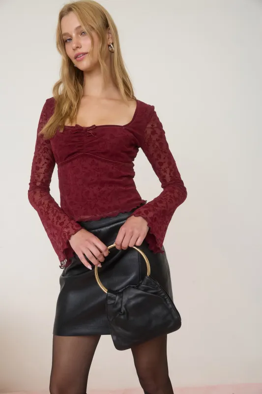 VELVET FLORAL PRINT LONG SHEER SLEEVE KNIT TOP made by Blu Pepper