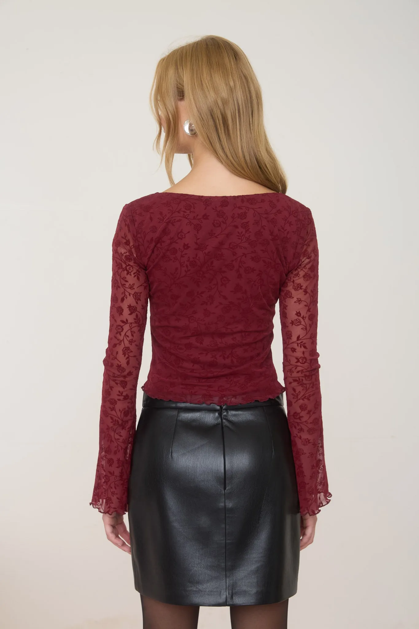 VELVET FLORAL PRINT LONG SHEER SLEEVE KNIT TOP sold by Blu Pepper product image thumbnail 2