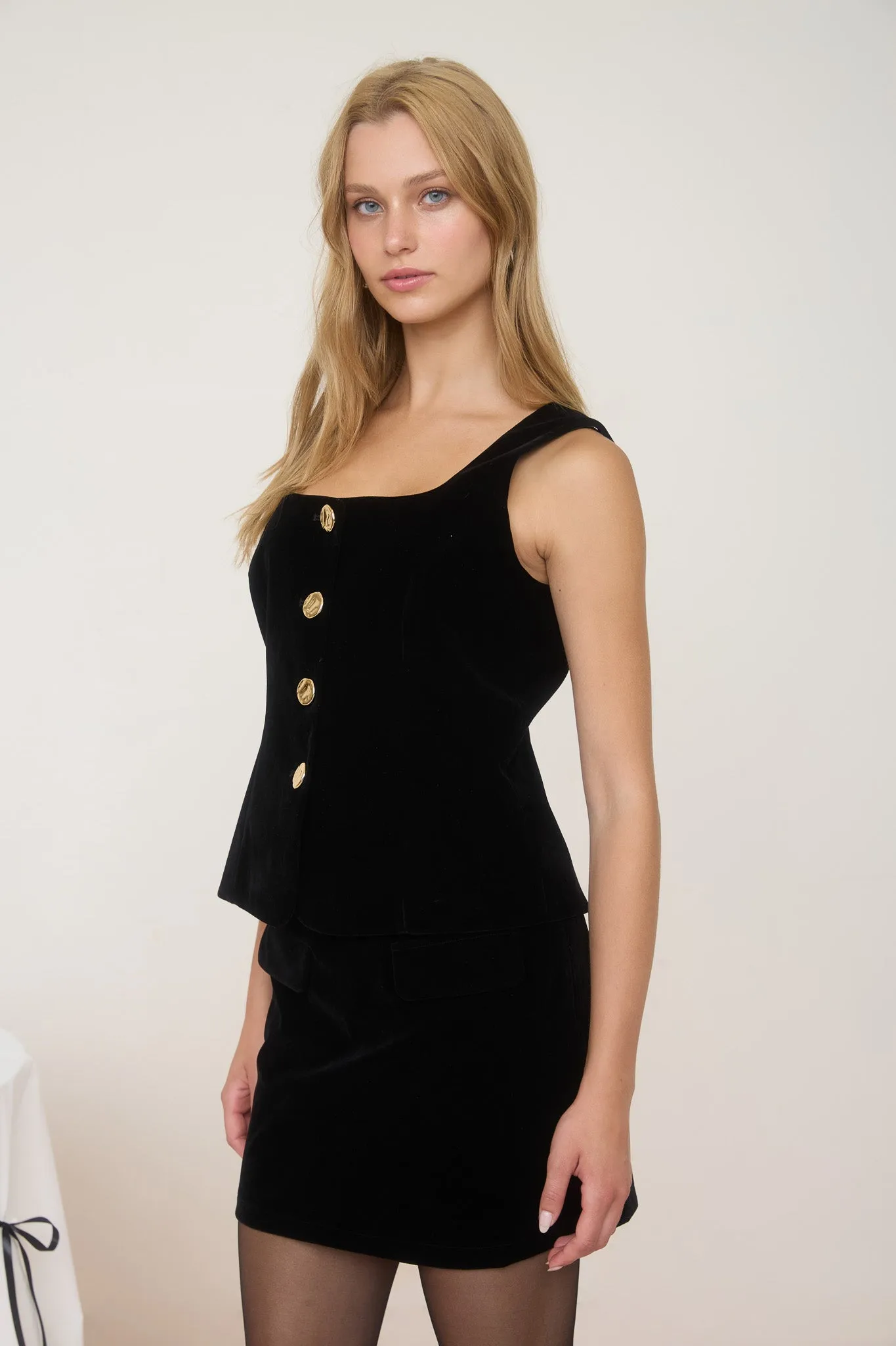 VELVET GOLD BUTTON SLEEVELESS VEST TOP sold by Blu Pepper product image thumbnail 3