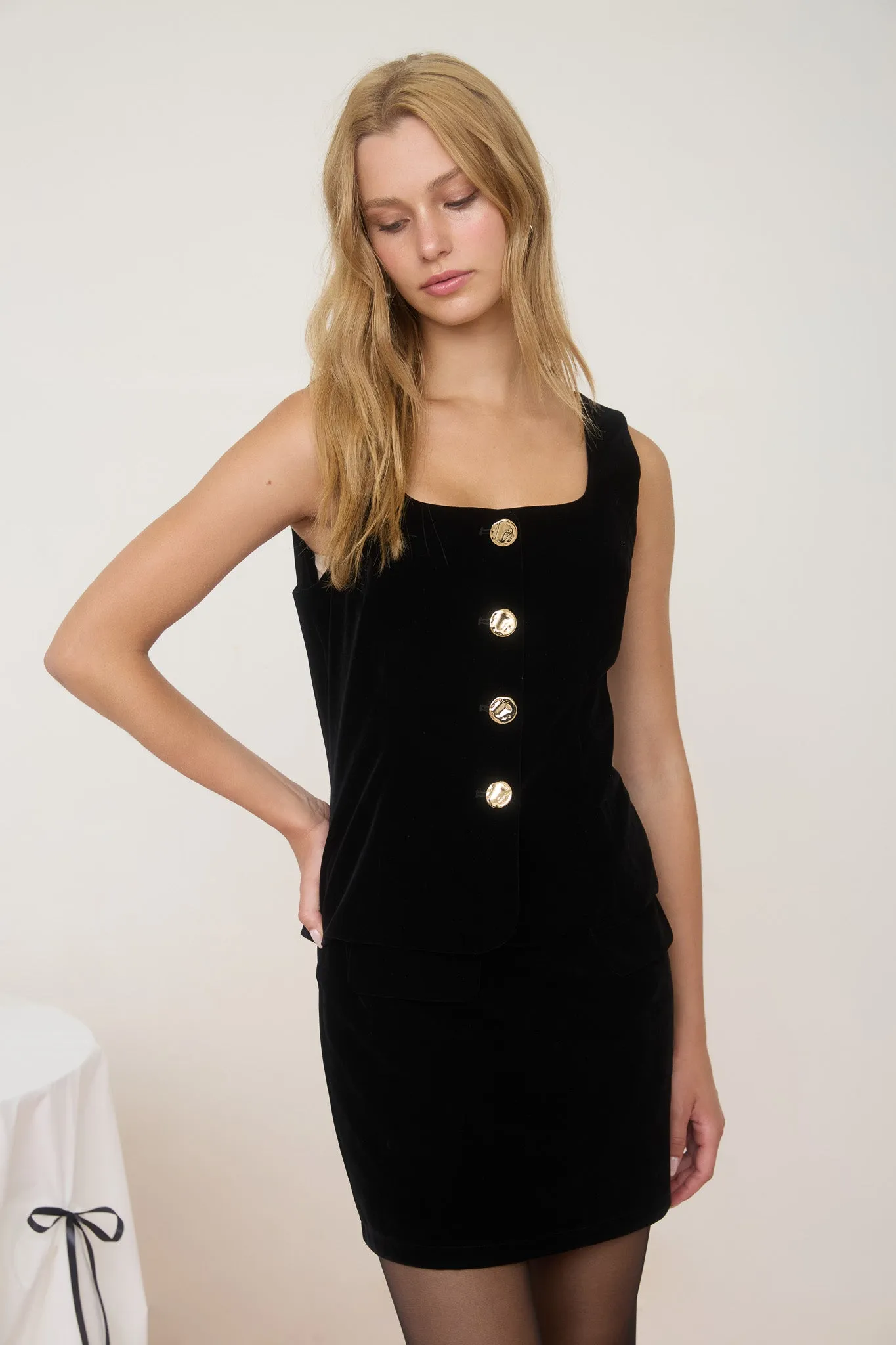 VELVET GOLD BUTTON SLEEVELESS VEST TOP sold by Blu Pepper product image thumbnail 4