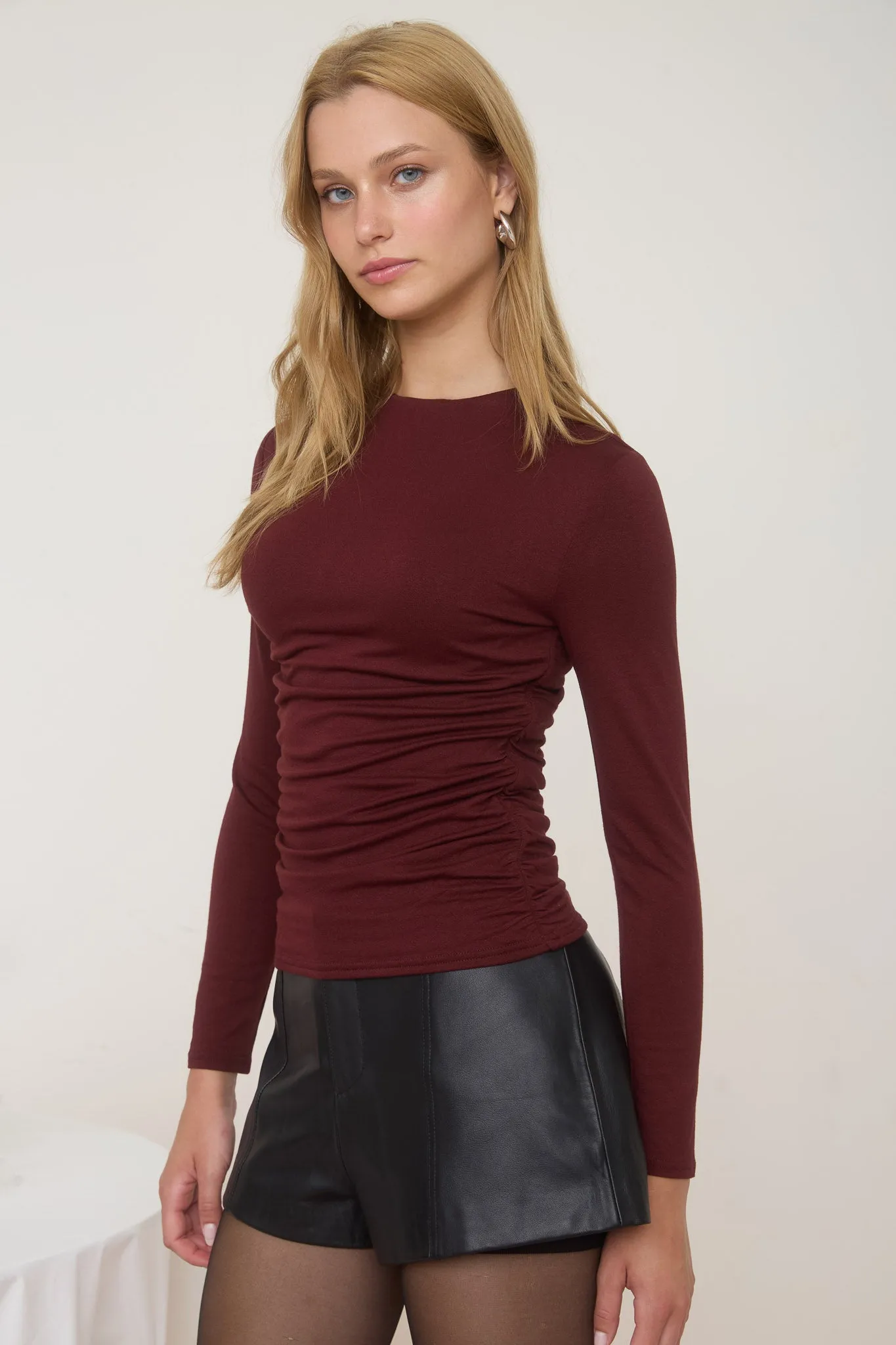 RUCHED SIDE LONG SLEEVE KNIT TOP sold by Blu Pepper