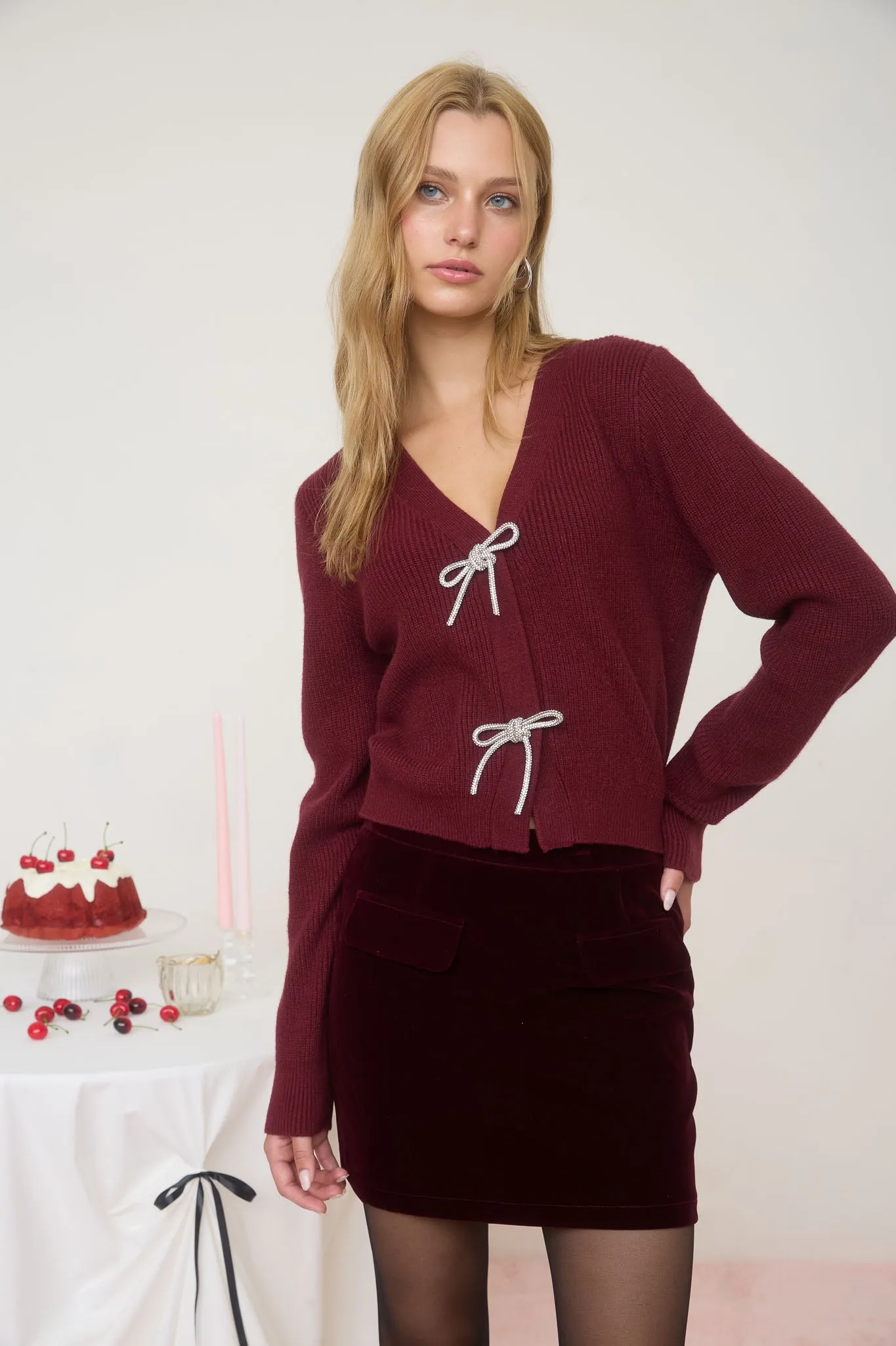 FRONT JEWEL BOW DETAIL LONG SLEEVE KNIT CARDIGAN sold by Blu Pepper product image thumbnail 5