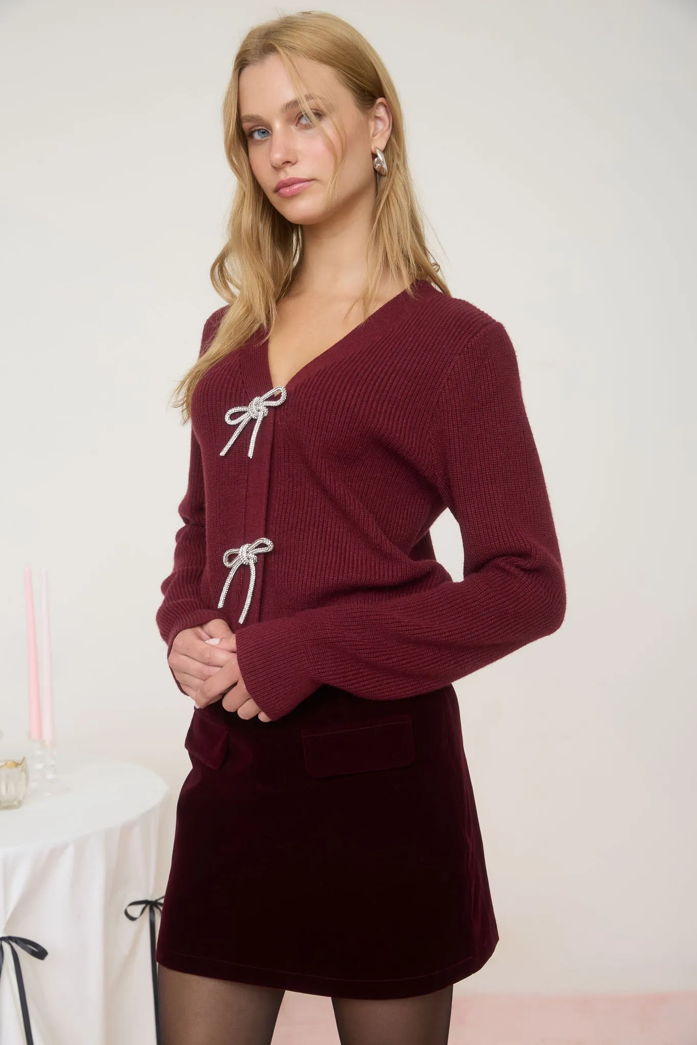 FRONT JEWEL BOW DETAIL LONG SLEEVE KNIT CARDIGAN sold by Blu Pepper product image thumbnail 3