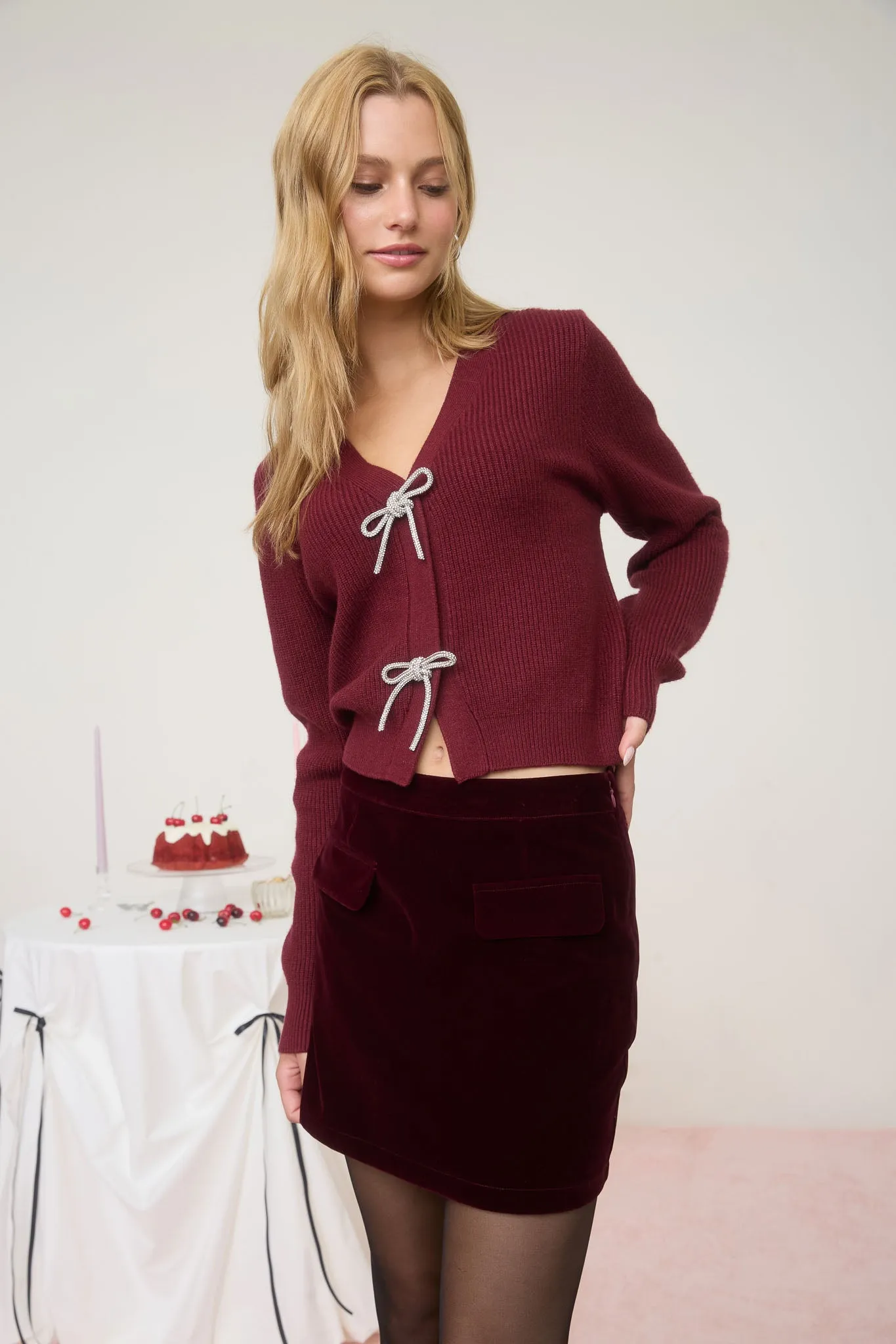 FRONT JEWEL BOW DETAIL LONG SLEEVE KNIT CARDIGAN sold by Blu Pepper