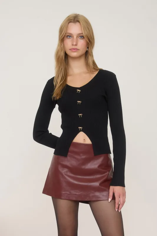 FRONT BOW HARDWARE DETAIL SPLIT HEM KNIT CARDIGAN sold by Blu Pepper