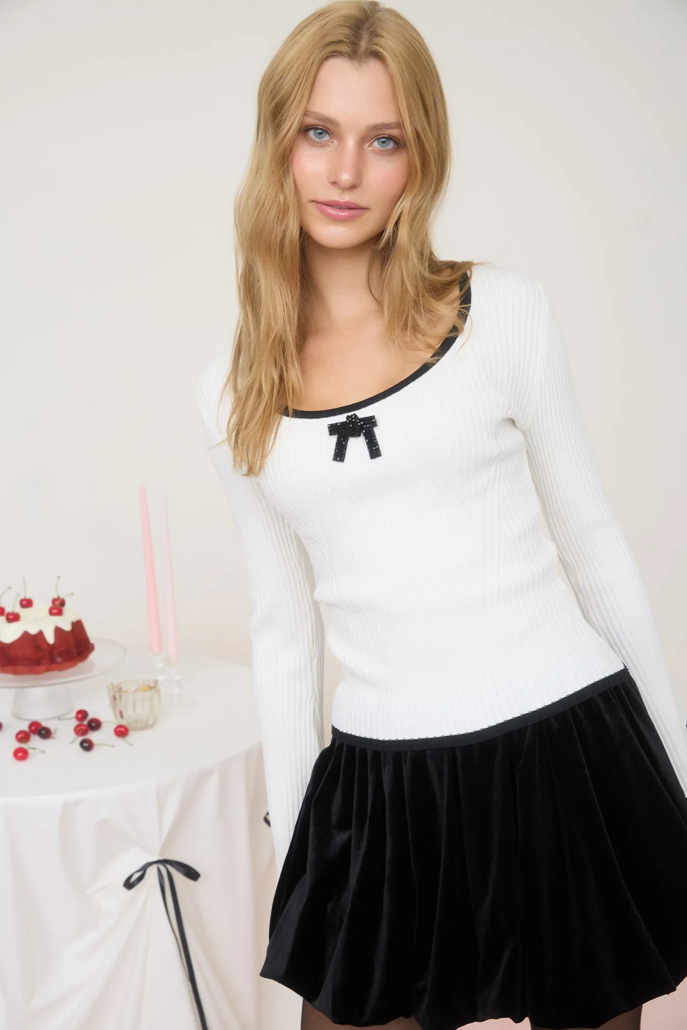 CONTRAST TRIM FRONT BOW LONG SLEEVE KNIT SWEATER sold by Blu Pepper