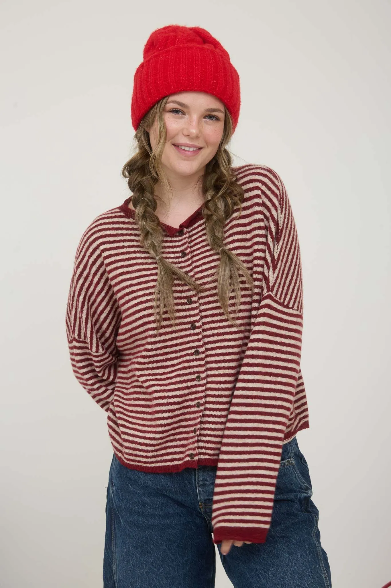 STRIPE RAW EDGE DROP SHOULDER KNIT CARDIGAN sold by Blu Pepper product image thumbnail 4
