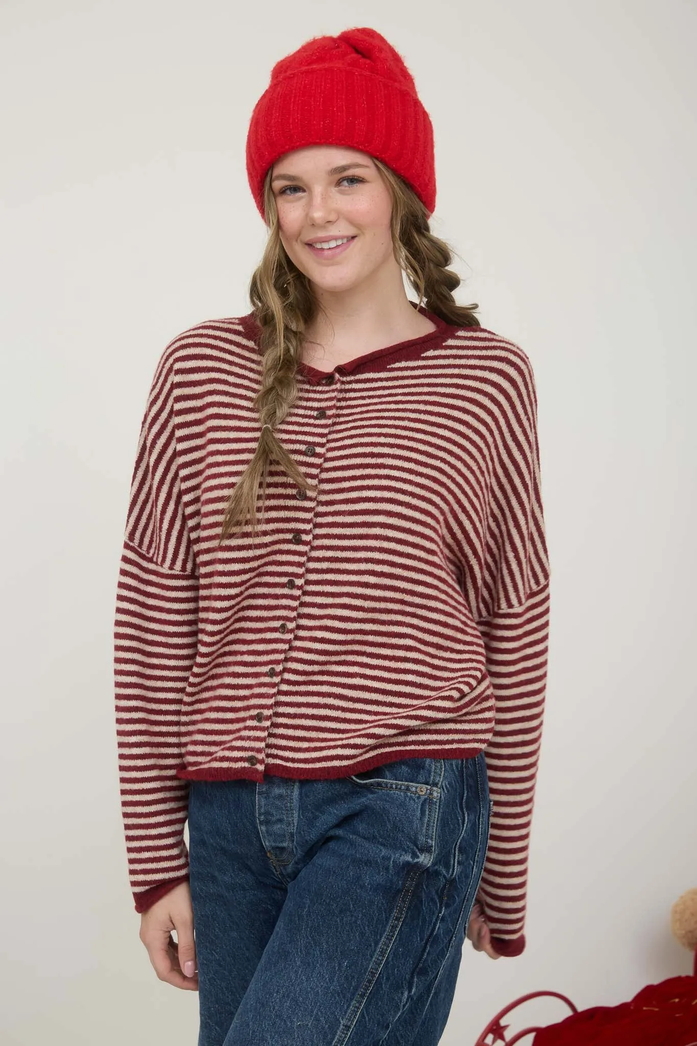 STRIPE RAW EDGE DROP SHOULDER KNIT CARDIGAN sold by Blu Pepper product image thumbnail 5