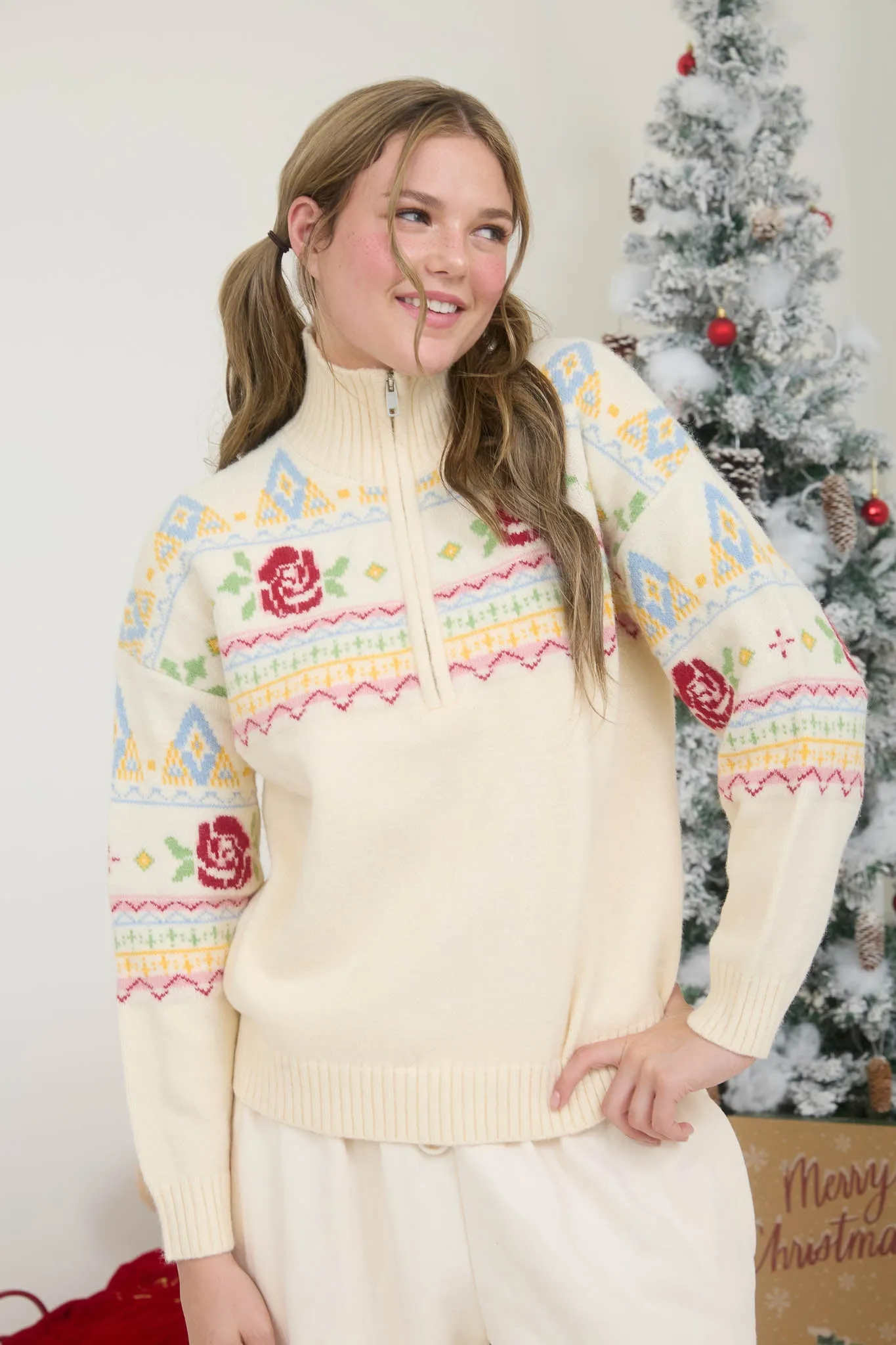 ROSE FAIR ISLE HALF ZIP KNIT PULLOVER SWEATER sold by Blu Pepper product image thumbnail 4