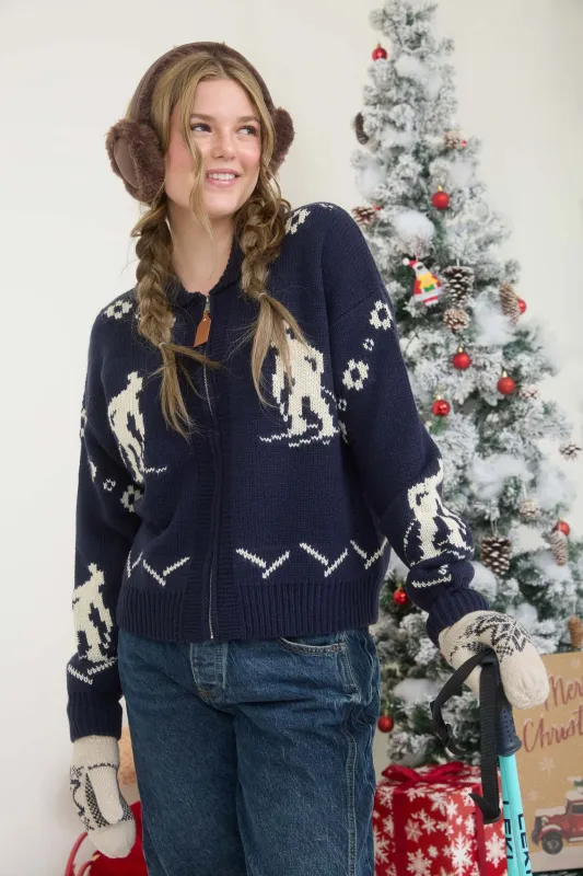 SKI PATTERN SHAWL COLLAR ZIP-UP KNIT CARDIGAN sold by Blu Pepper