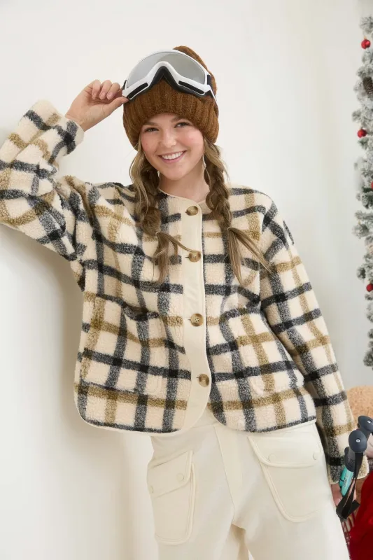 PLAID BUTTON DOWN TEDDY JACKET sold by Blu Pepper