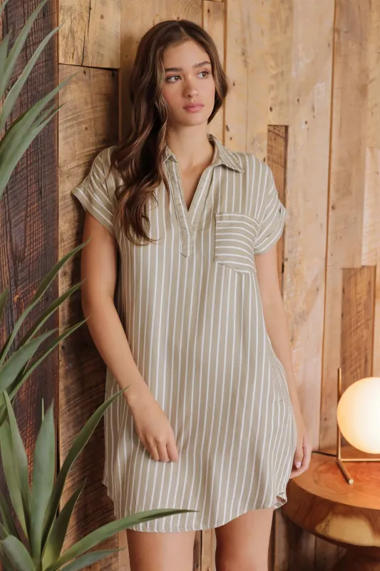 STRIPE COLLARED SHORT SLEEVE MINI SHIRT DRESS made by Blu Pepper