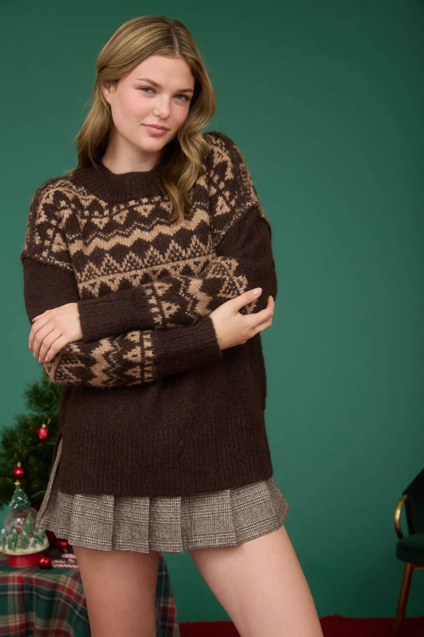 FAIR ISLE DROP SHOULDER KNIT PULLOVER SWEATER sold by Blu Pepper product image thumbnail 3