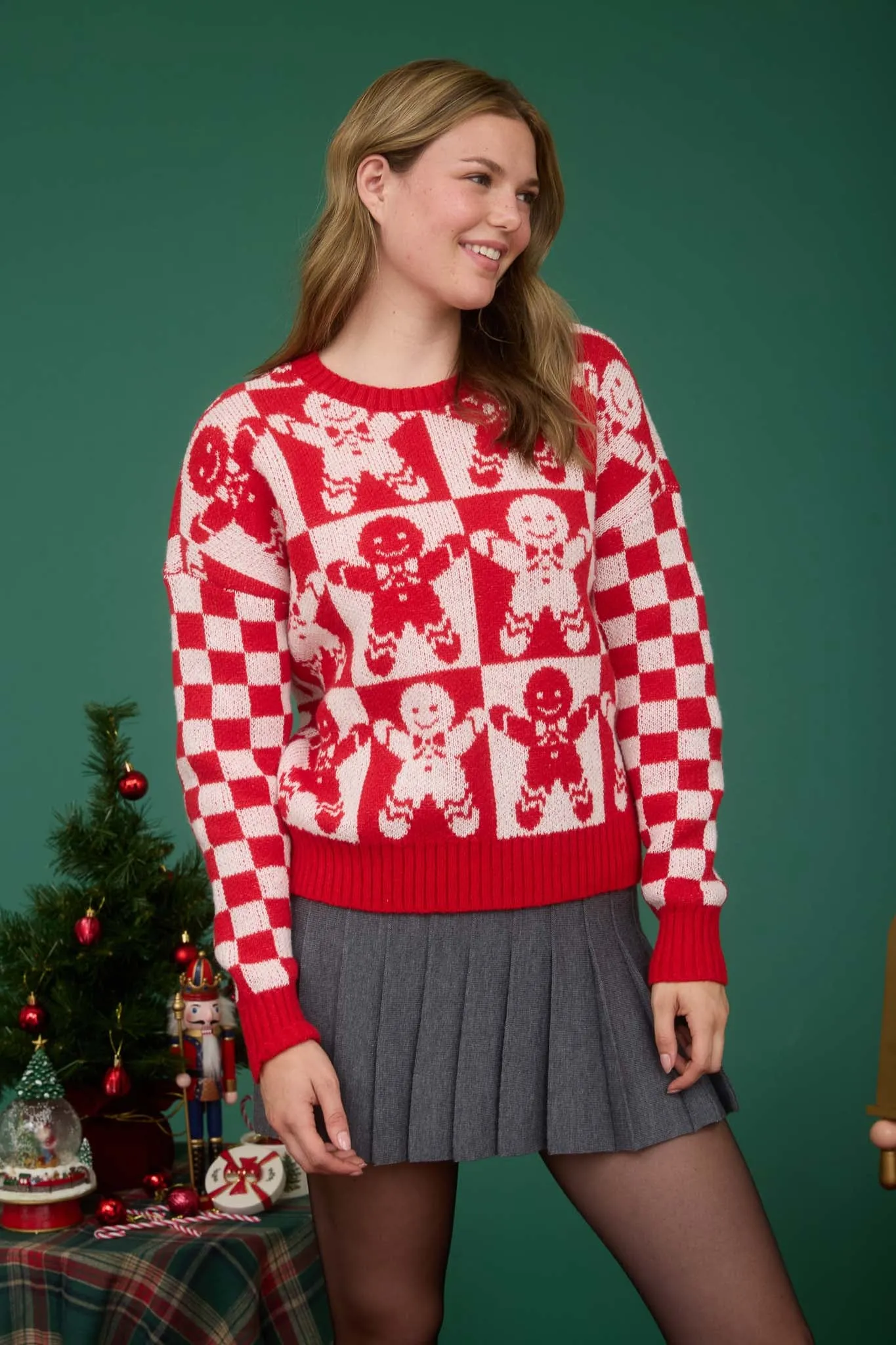 CHECKERED GINGERBREAD JACQUARD KNIT SWEATER sold by Blu Pepper product image thumbnail 3
